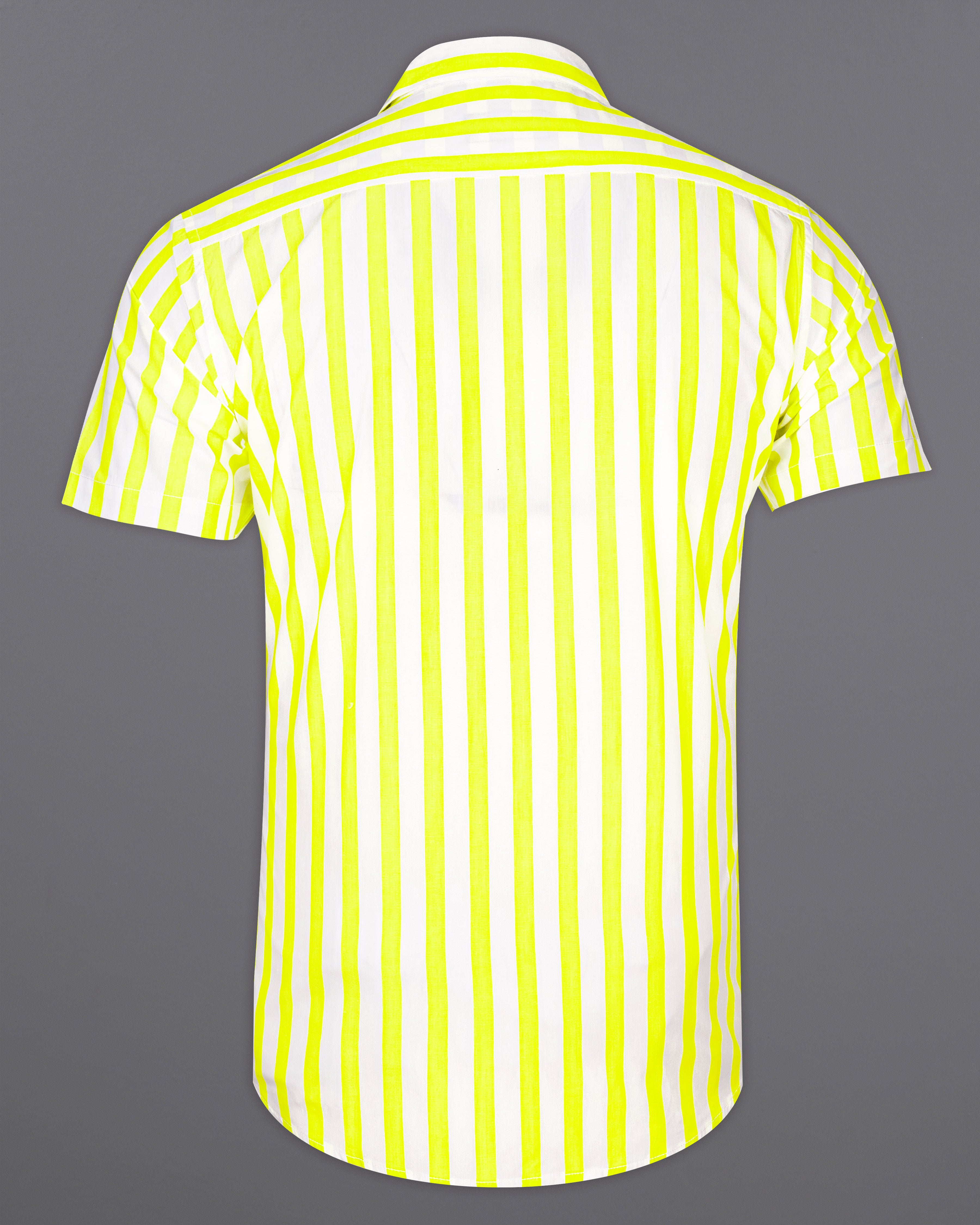 Custard Neon Yellow with White Striped Half-Sleeved Premium Cotton Shirt 9717-CC-SS-38, 9717-CC-SS-39, 9717-CC-SS-40, 9717-CC-SS-42, 9717-CC-SS-44, 9717-CC-SS-46, 9717-CC-SS-48, 9717-CC-SS-50, 9717-CC-SS-52