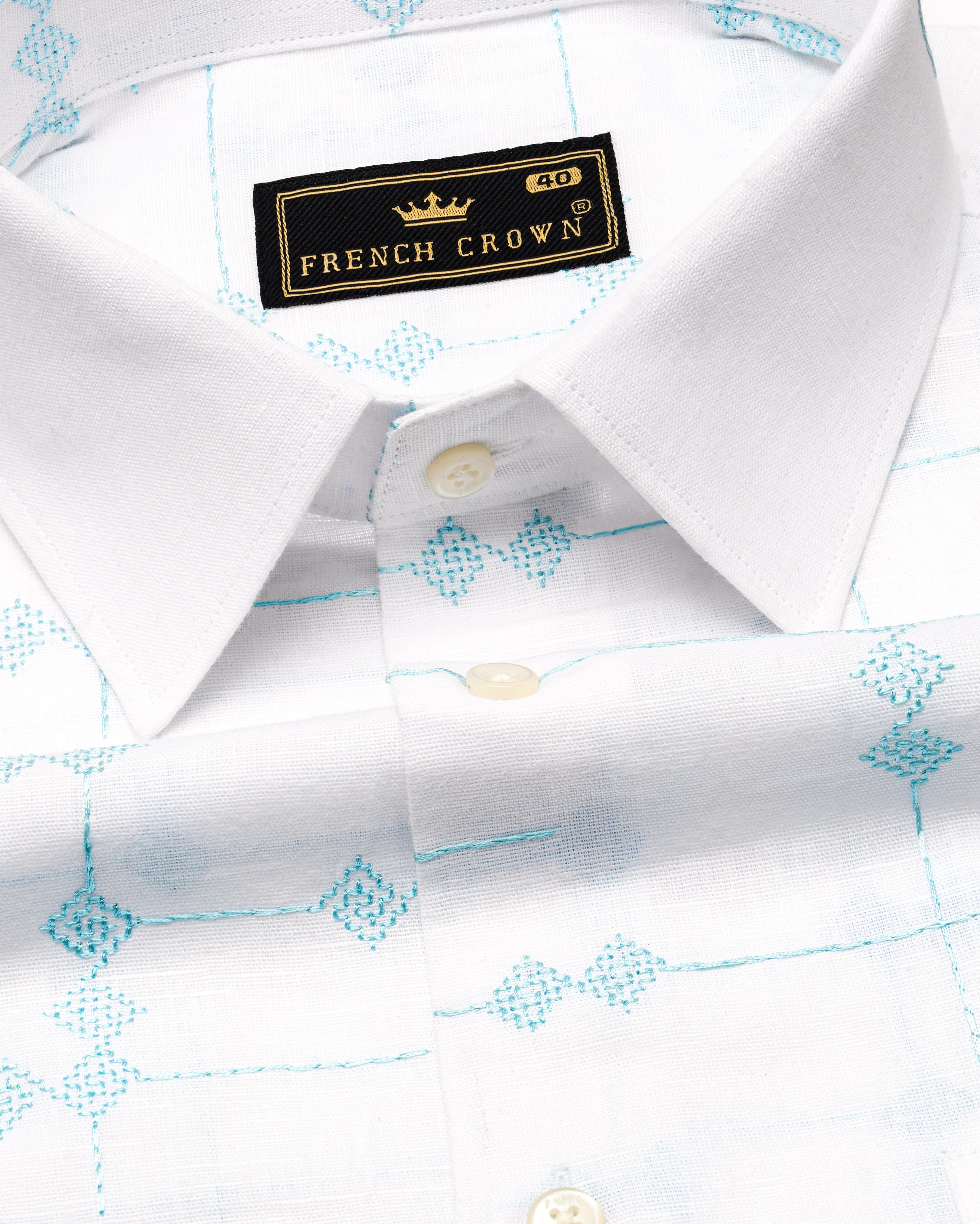 Bright White with Pelorous Blue Embroidered Textured Luxurious Linen Shirt 9763-38, 9763-H-38, 9763-39, 9763-H-39, 9763-40, 9763-H-40, 9763-42, 9763-H-42, 9763-44, 9763-H-44, 9763-46, 9763-H-46, 9763-48, 9763-H-48, 9763-50, 9763-H-50, 9763-52, 9763-H-52