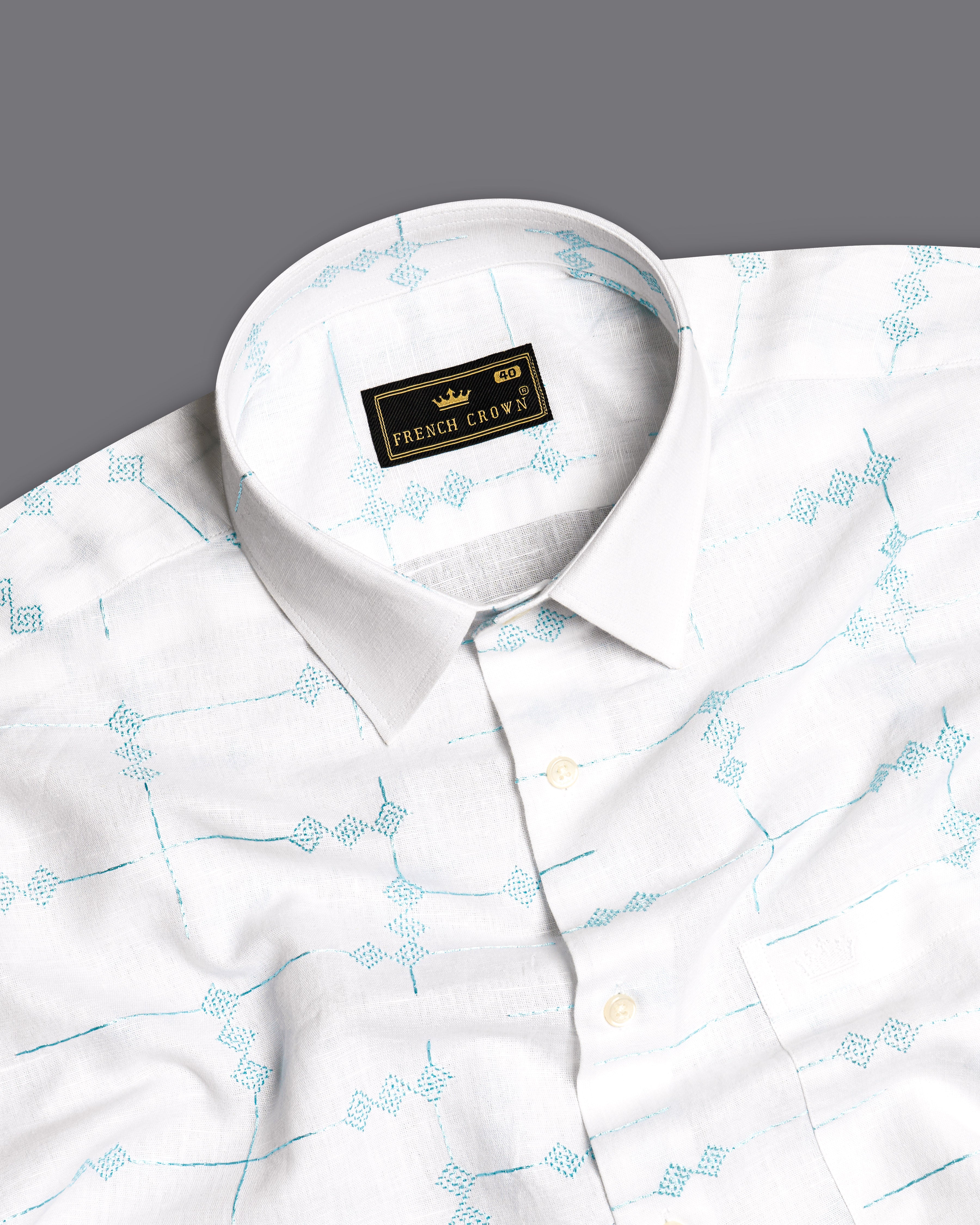 Bright White with Pelorous Blue Embroidered Textured Luxurious Linen Shirt 9763-38, 9763-H-38, 9763-39, 9763-H-39, 9763-40, 9763-H-40, 9763-42, 9763-H-42, 9763-44, 9763-H-44, 9763-46, 9763-H-46, 9763-48, 9763-H-48, 9763-50, 9763-H-50, 9763-52, 9763-H-52