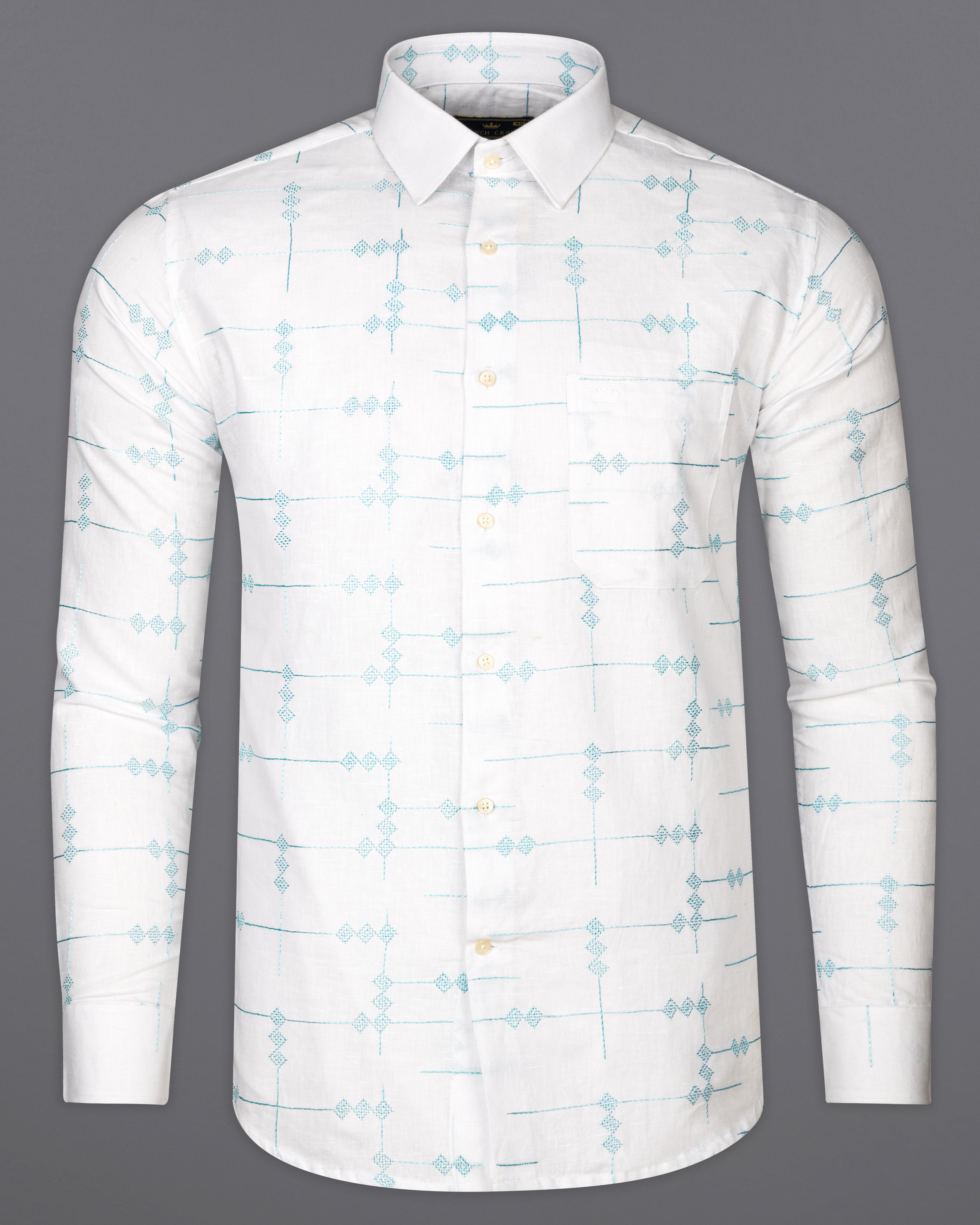 Bright White with Pelorous Blue Embroidered Textured Luxurious Linen Shirt 9763-38, 9763-H-38, 9763-39, 9763-H-39, 9763-40, 9763-H-40, 9763-42, 9763-H-42, 9763-44, 9763-H-44, 9763-46, 9763-H-46, 9763-48, 9763-H-48, 9763-50, 9763-H-50, 9763-52, 9763-H-52