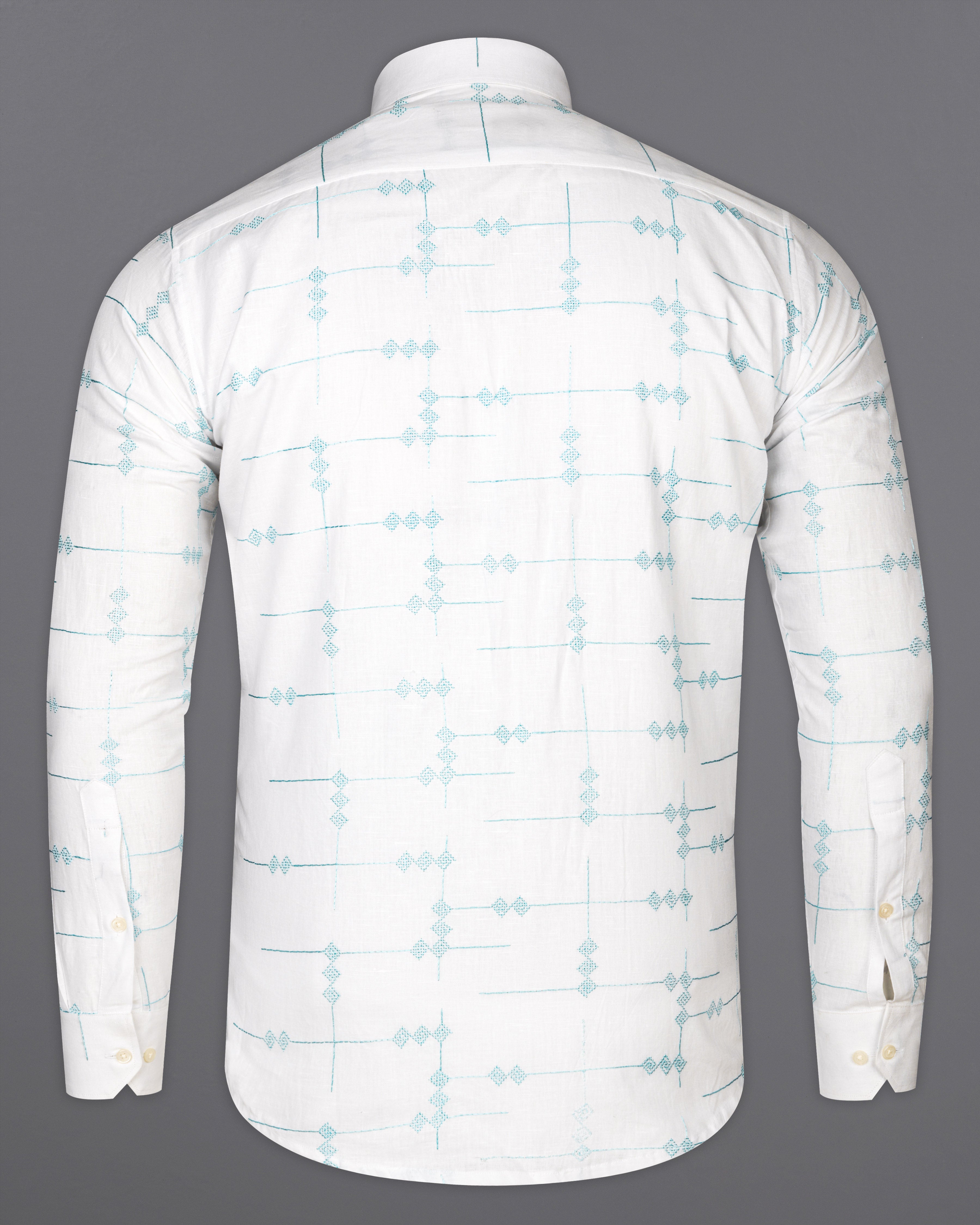 Bright White with Pelorous Blue Embroidered Textured Luxurious Linen Shirt 9763-38, 9763-H-38, 9763-39, 9763-H-39, 9763-40, 9763-H-40, 9763-42, 9763-H-42, 9763-44, 9763-H-44, 9763-46, 9763-H-46, 9763-48, 9763-H-48, 9763-50, 9763-H-50, 9763-52, 9763-H-52