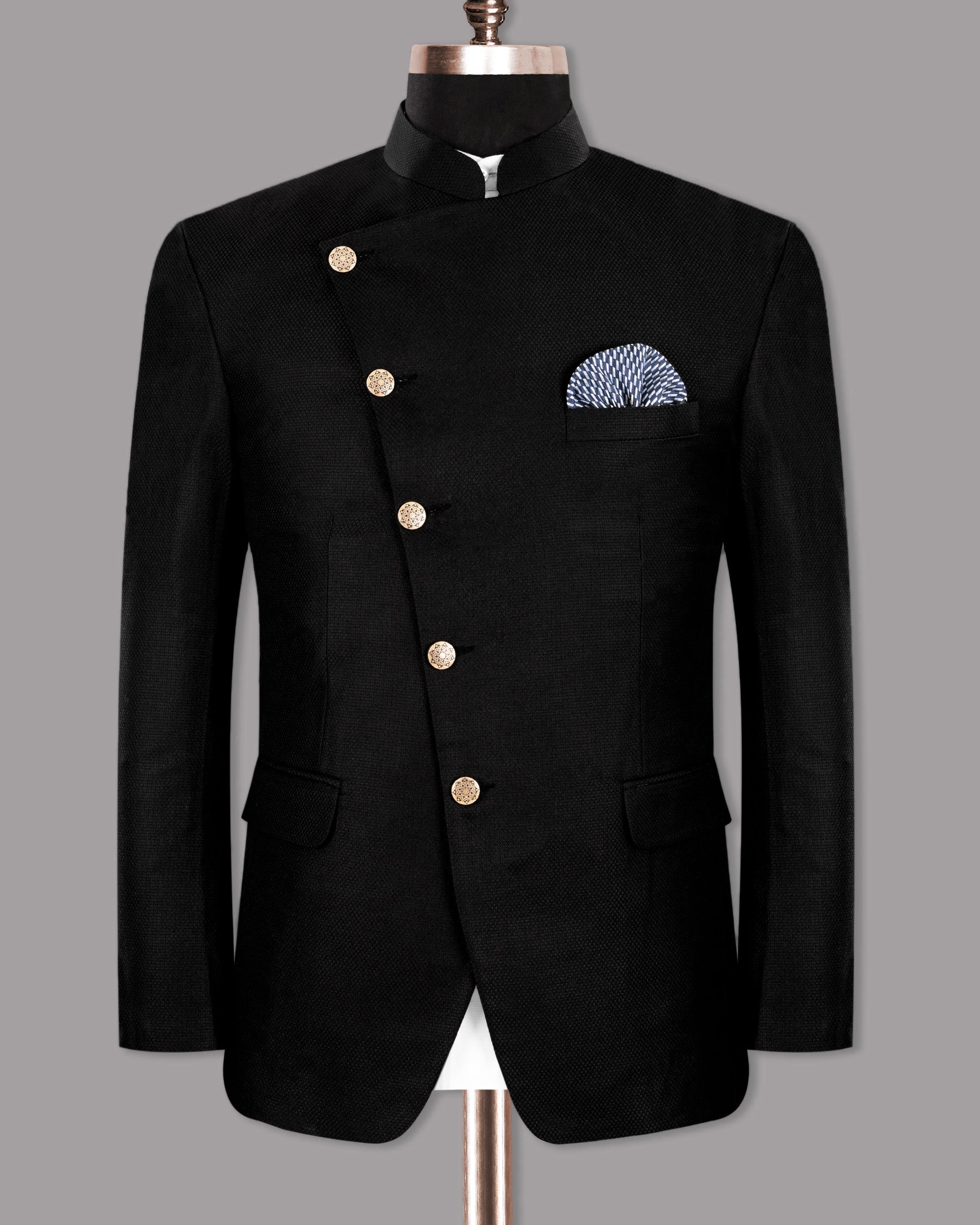 Jade black Diamond Textured Cross Placket Bandhgala/Mandarin Wool-Silk blend Blazer