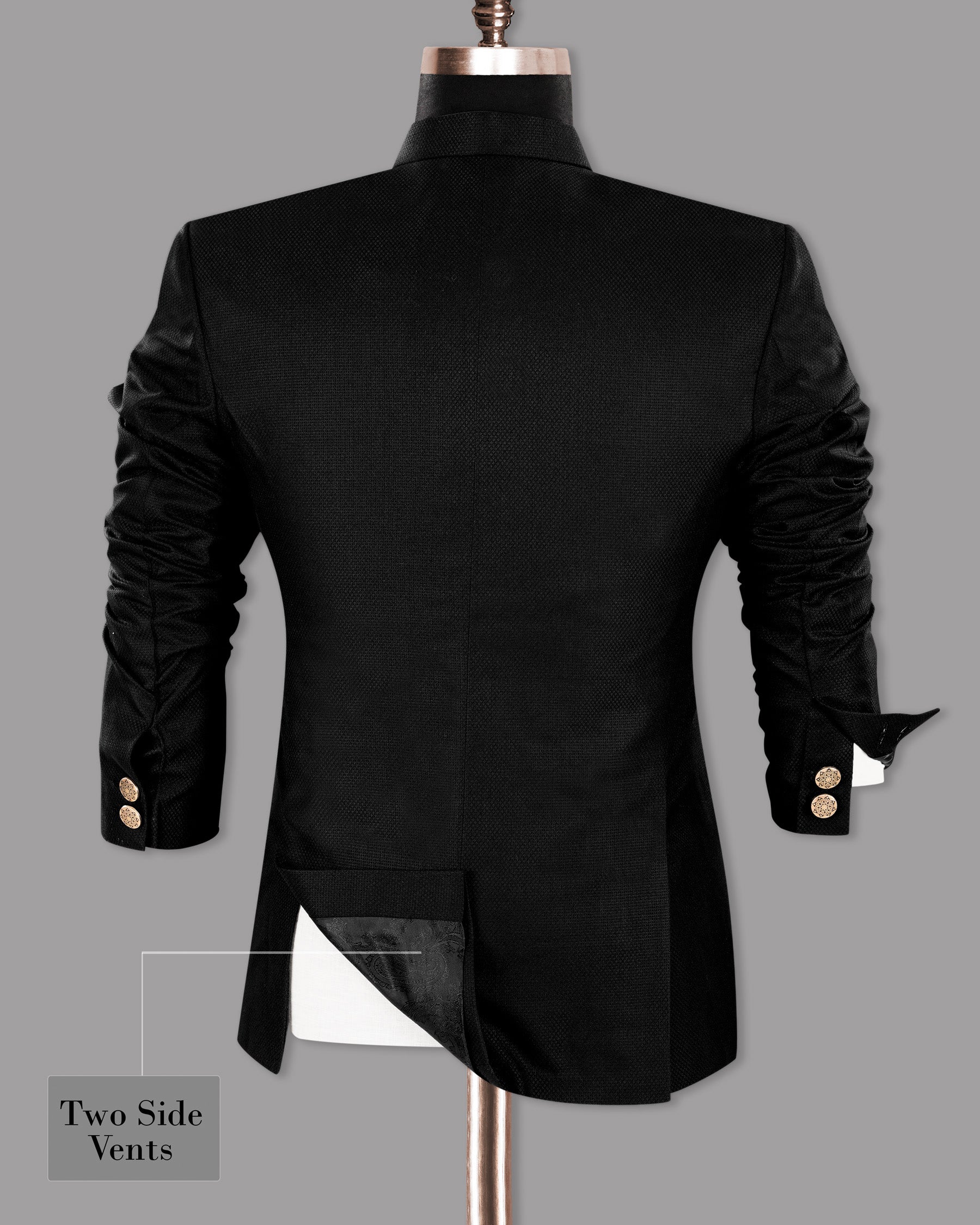 Jade black Diamond Textured Cross Placket Bandhgala/Mandarin Wool-Silk blend Blazer
