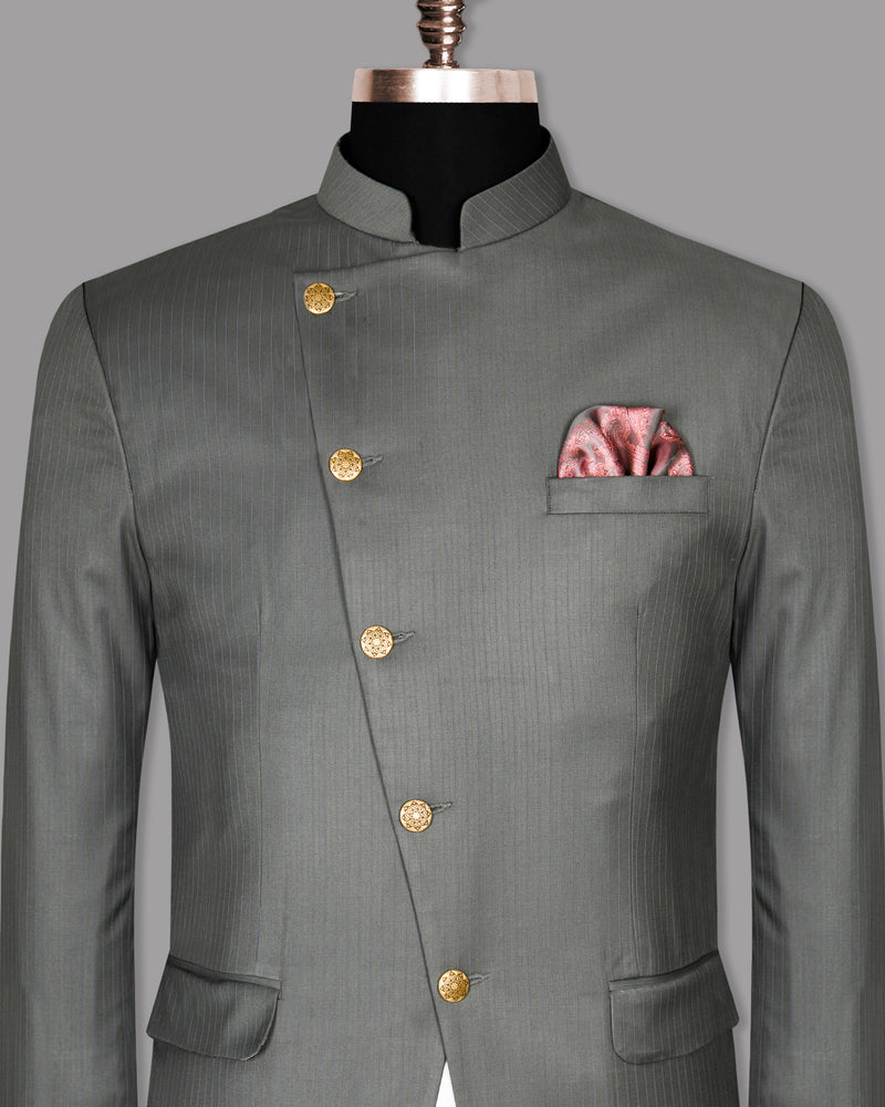 Chicago Gray Subtle Striped Cross Buttoned Bandhgala/Mandarin Blazer BL1039-CBG-36, BL1039-CBG-46, BL1039-CBG-50, BL1039-CBG-56, BL1039-CBG-60, BL1039-CBG-38, BL1039-CBG-40, BL1039-CBG-42, BL1039-CBG-44, BL1039-CBG-54, BL1039-CBG-58, BL1039-CBG-48, BL1039-CBG-52
