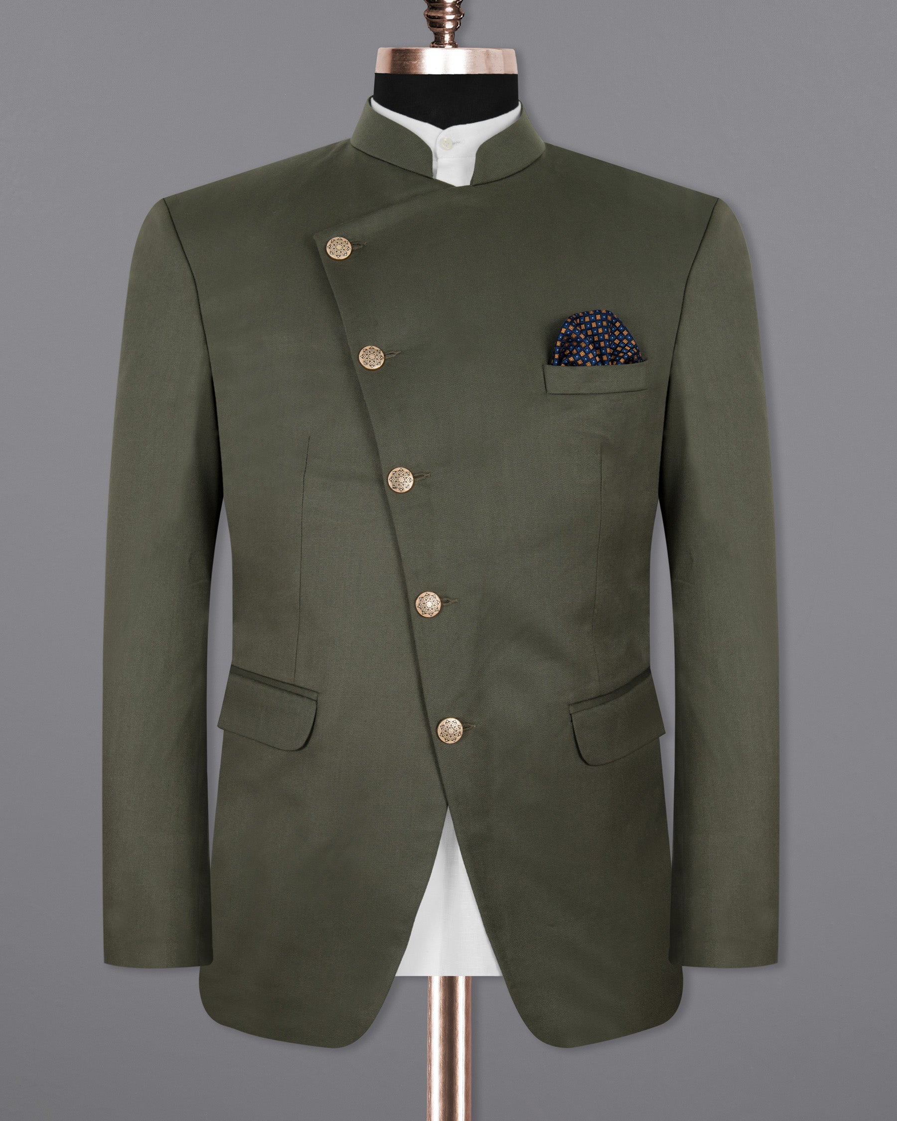 Millbrook Green Cross Placket Bandhgala/Mandarin Premium Cotton Blazer
