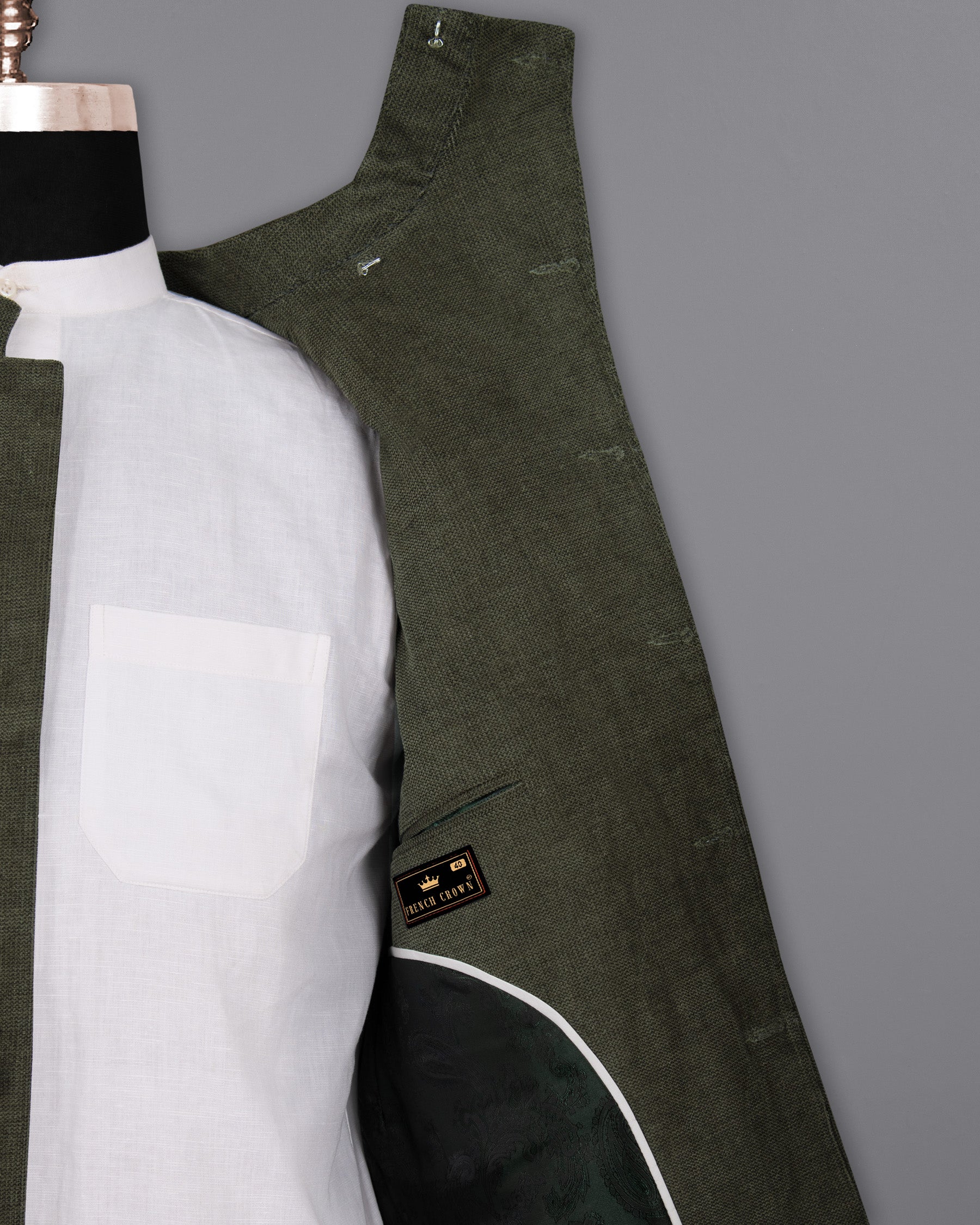 Merlin Green Cross Buttoned Bandhgala/Mandarin Corduroy Premium Cotton Blazer BL1299-CBG2-36, BL1299-CBG2-38, BL1299-CBG2-40, BL1299-CBG2-42, BL1299-CBG2-44, BL1299-CBG2-46, BL1299-CBG2-48, BL1299-CBG2-50, BL1299-CBG2-52, BL1299-CBG2-54, BL1299-CBG2-56, BL1299-CBG2-58, BL1299-CBG2-60