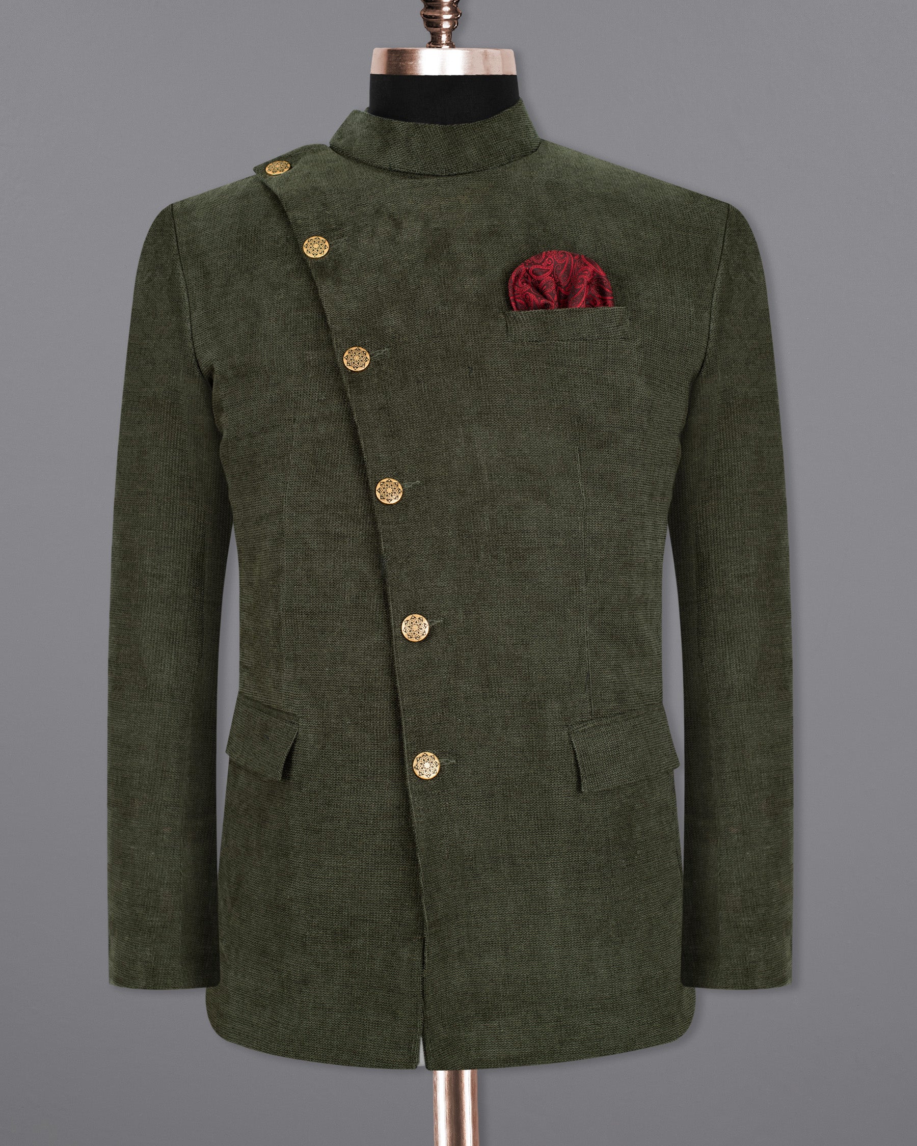 Merlin Green Cross Buttoned Bandhgala/Mandarin Corduroy Premium Cotton Blazer BL1299-CBG2-36, BL1299-CBG2-38, BL1299-CBG2-40, BL1299-CBG2-42, BL1299-CBG2-44, BL1299-CBG2-46, BL1299-CBG2-48, BL1299-CBG2-50, BL1299-CBG2-52, BL1299-CBG2-54, BL1299-CBG2-56, BL1299-CBG2-58, BL1299-CBG2-60