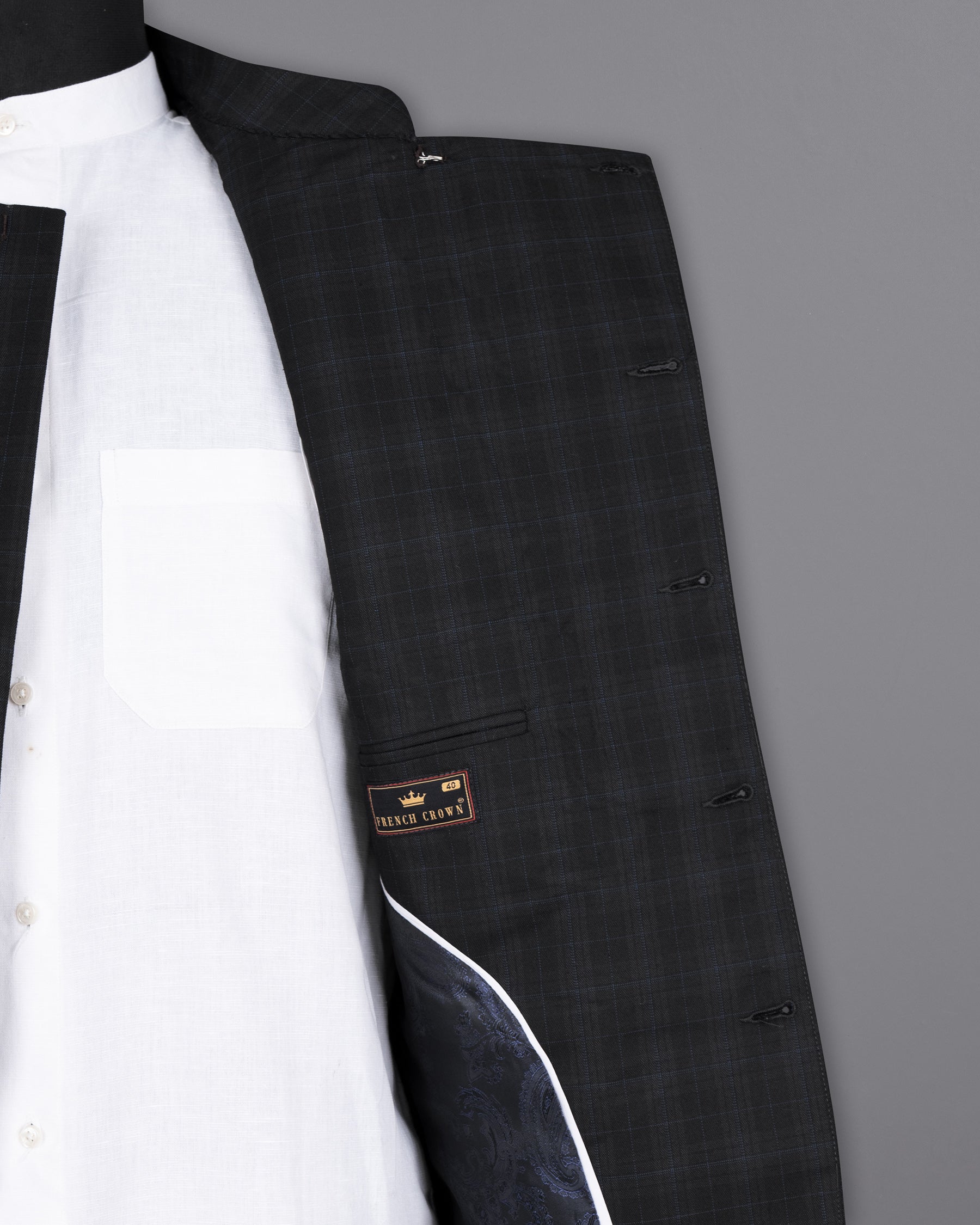 Mine Shaft Black Plaid Cross Buttoned Bandhgala Wool Rich Blazer BL1387-CBG-36, BL1387-CBG-38, BL1387-CBG-40, BL1387-CBG-42, BL1387-CBG-44, BL1387-CBG-46, BL1387-CBG-48, BL1387-CBG-50, BL1387-CBG-52, BL1387-CBG-54, BL1387-CBG-56, BL1387-CBG-58, BL1387-CBG-60