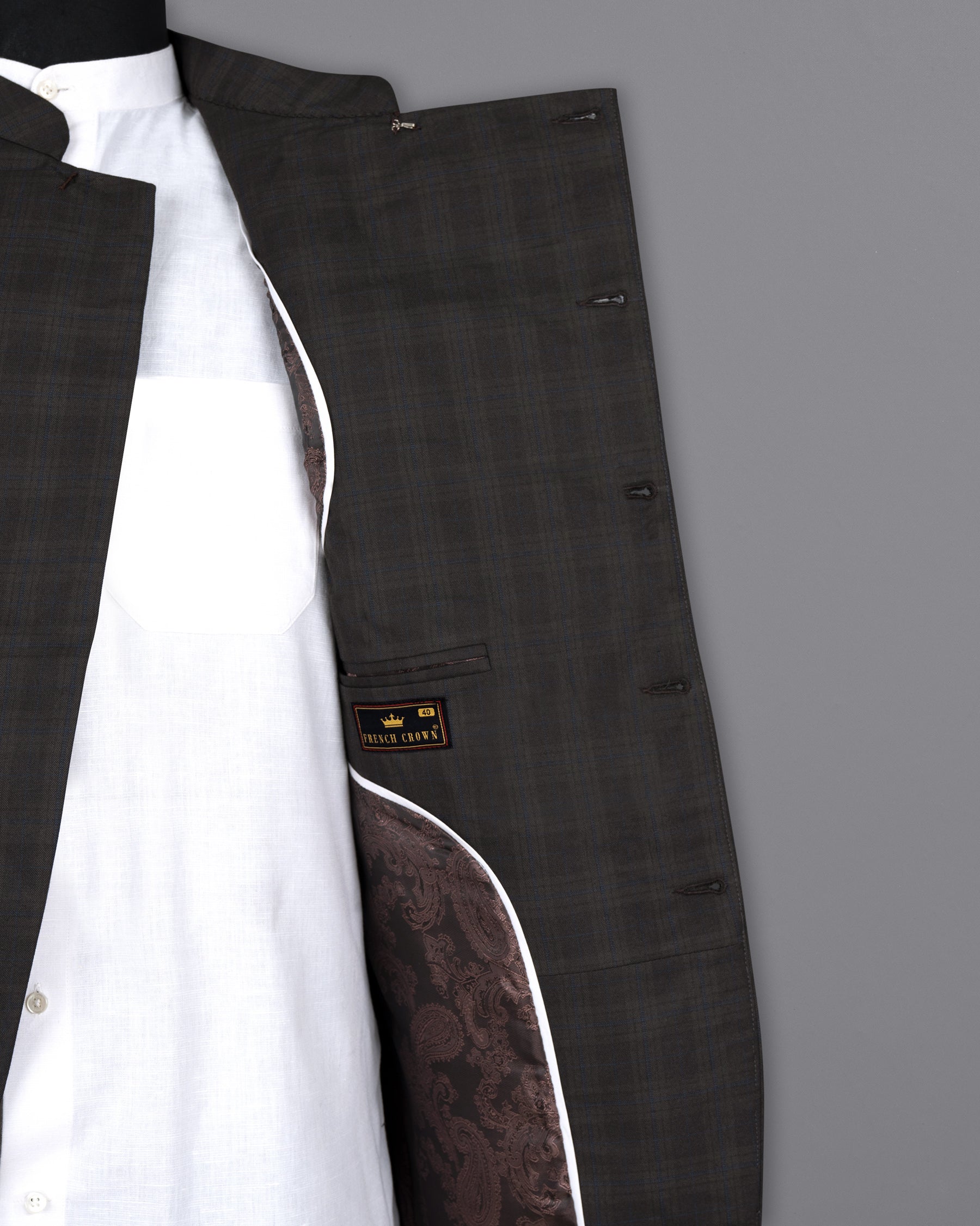 Thunder brown Plaid Cross Buttoned Bandhgala Wool Rich Blazer BL1424-CBG-36, BL1424-CBG-38, BL1424-CBG-40, BL1424-CBG-42, BL1424-CBG-44, BL1424-CBG-46, BL1424-CBG-48, BL1424-CBG-50, BL1424-CBG-52, BL1424-CBG-54, BL1424-CBG-56, BL1424-CBG-58, BL1424-CBG-60