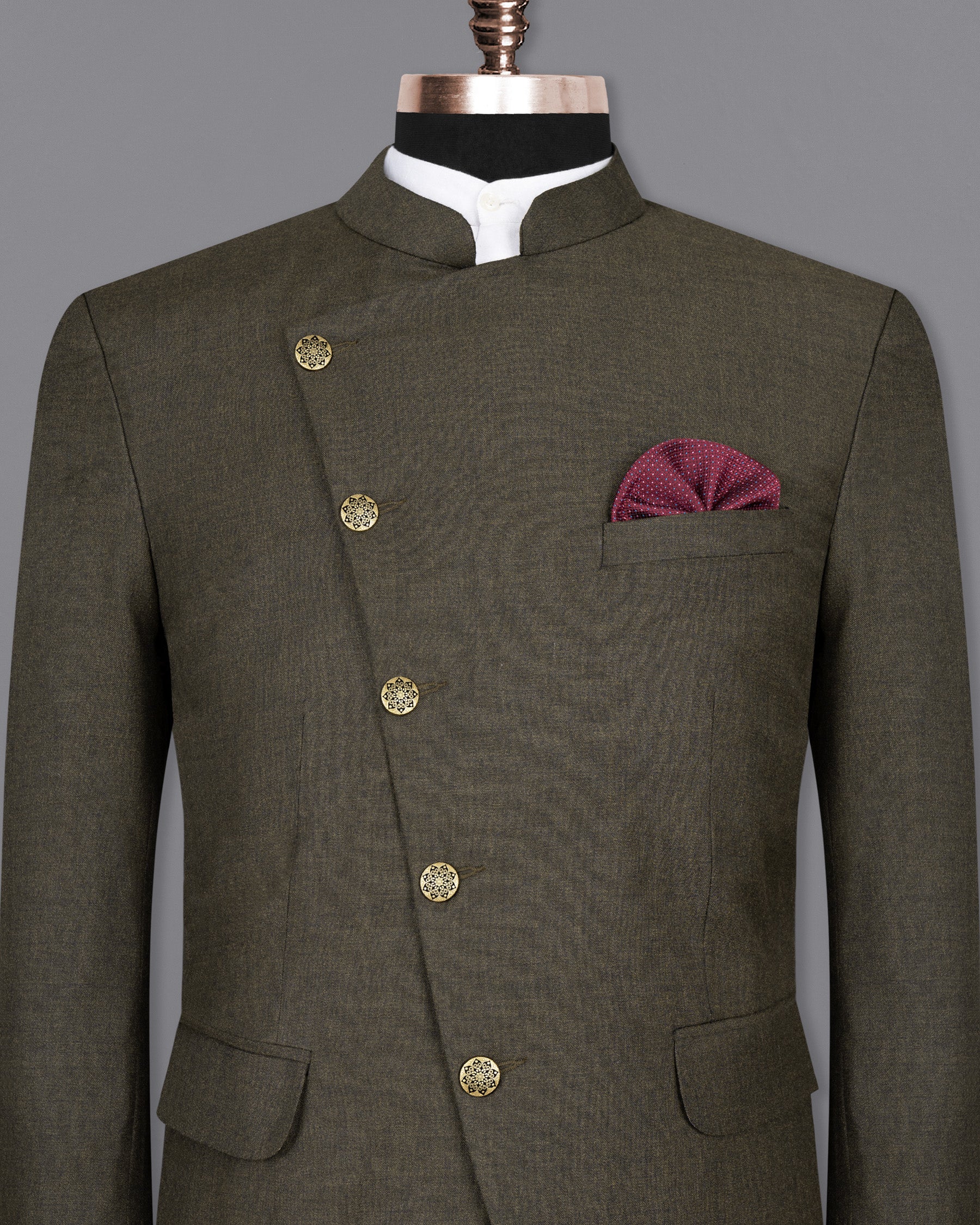 Merlin Green Cross Buttoned Bandhgala Wool Rich Blazer BL1426-CBG-36, BL1426-CBG-38, BL1426-CBG-40, BL1426-CBG-42, BL1426-CBG-44, BL1426-CBG-46, BL1426-CBG-48, BL1426-CBG-50, BL1426-CBG-52, BL1426-CBG-54, BL1426-CBG-56, BL1426-CBG-58, BL1426-CBG-60