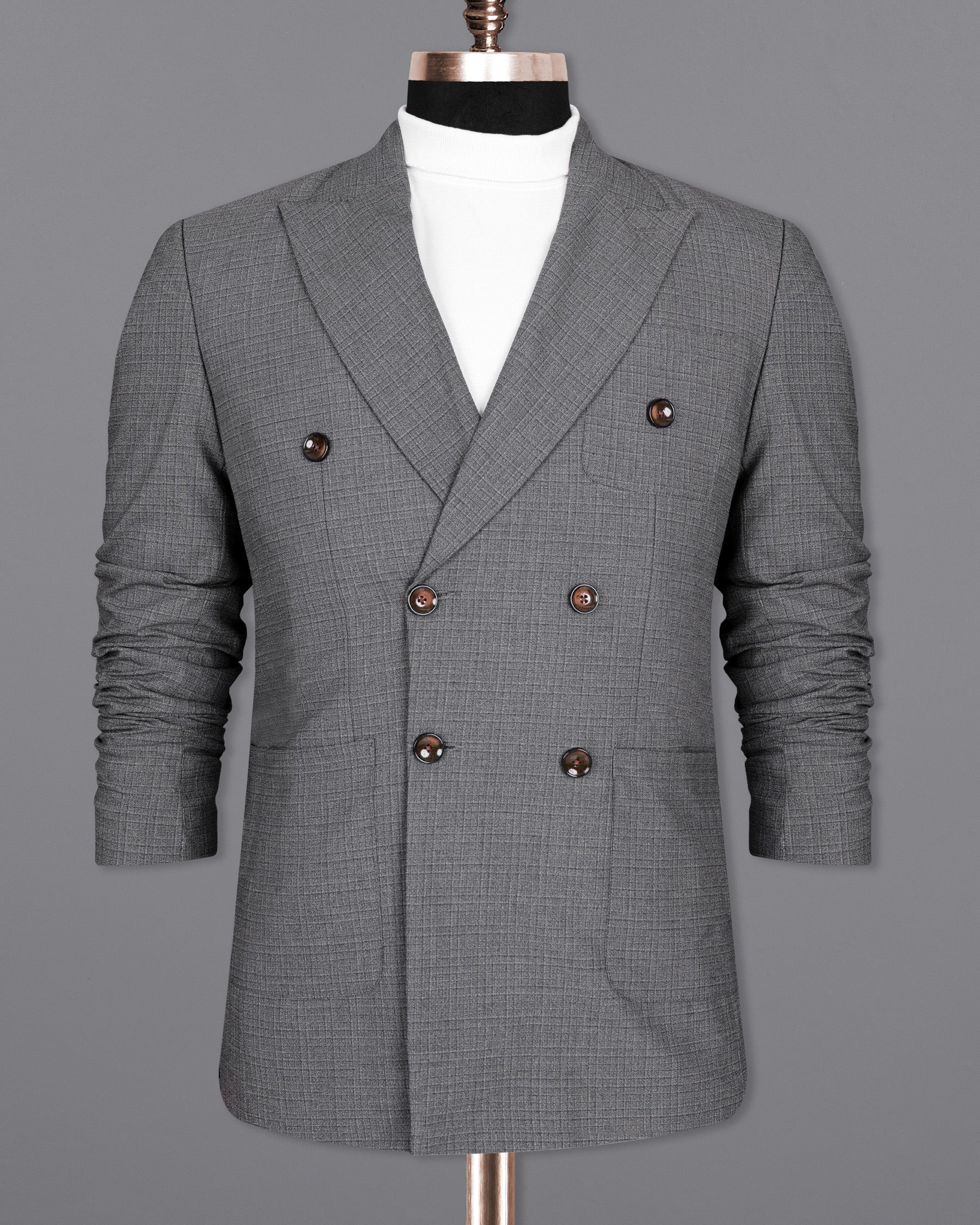 Fuscous Gray Chequered Double Breasted Wool Rich Sports Blazer BL1448-DB-PP-36,BL1448-DB-PP-38,BL1448-DB-PP-40,BL1448-DB-PP-42,BL1448-DB-PP-44,BL1448-DB-PP-46,BL1448-DB-PP-48,BL1448-DB-PP-50,BL1448-DB-PP-52,BL1448-DB-PP-54,BL1448-DB-PP-56,BL1448-DB-PP-58,BL1448-DB-PP-60