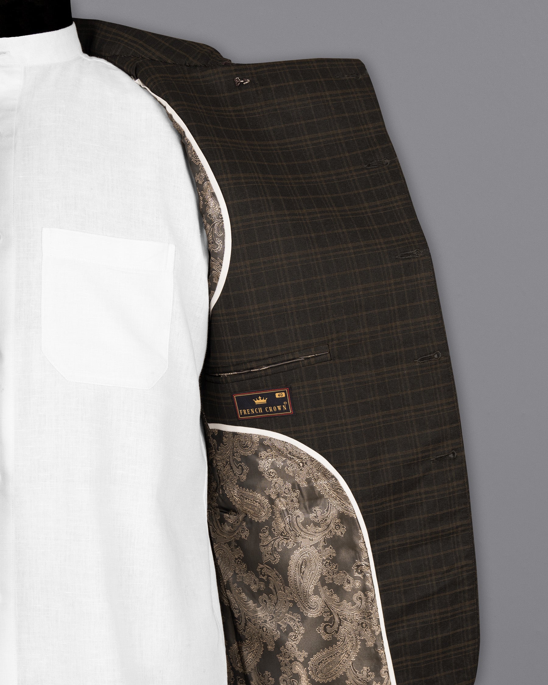 Wood Bark windowpane Wool Rich Cross Buttoned Bandhgala Blazer BL1490-CBG-36, BL1490-CBG-38, BL1490-CBG-40, BL1490-CBG-42, BL1490-CBG-44, BL1490-CBG-46, BL1490-CBG-48, BL1490-CBG-50, BL1490-CBG-52, BL1490-CBG-54, BL1490-CBG-56, BL1490-CBG-58, BL1490-CBG-60