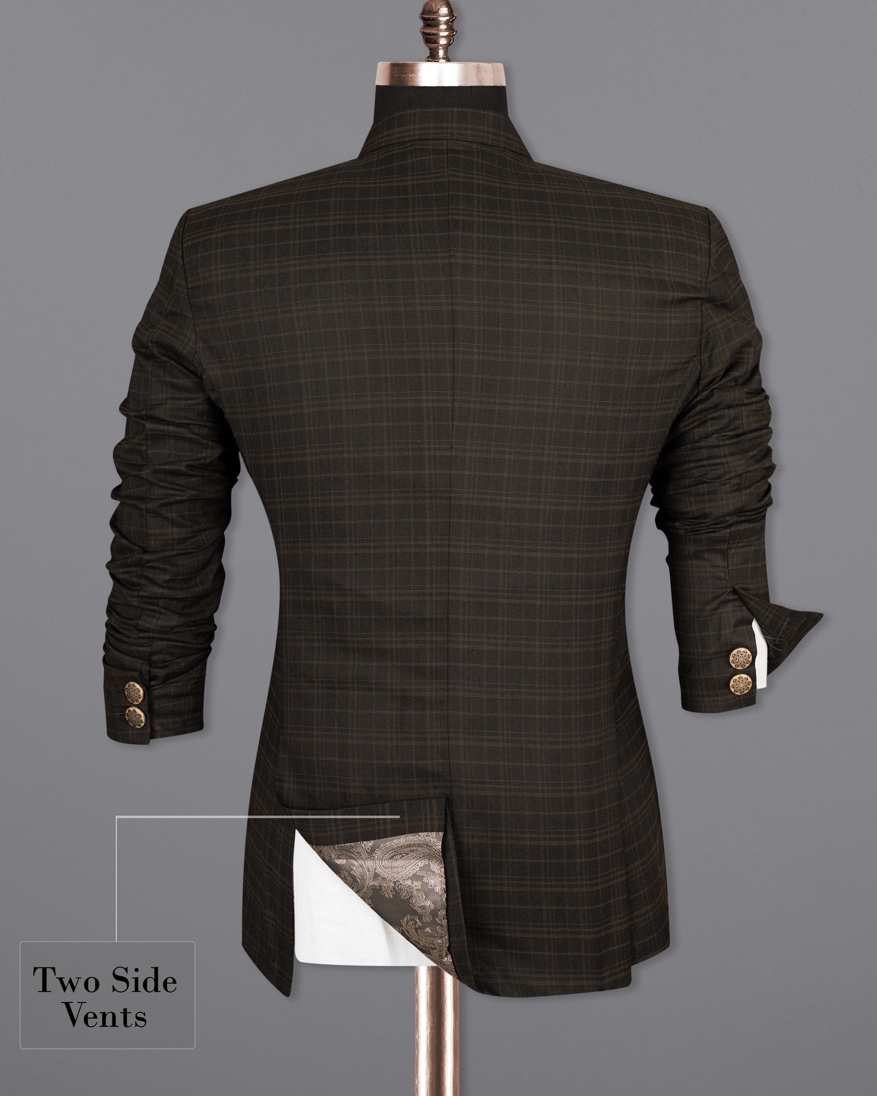 Wood Bark windowpane Wool Rich Cross Buttoned Bandhgala Blazer BL1490-CBG-36, BL1490-CBG-38, BL1490-CBG-40, BL1490-CBG-42, BL1490-CBG-44, BL1490-CBG-46, BL1490-CBG-48, BL1490-CBG-50, BL1490-CBG-52, BL1490-CBG-54, BL1490-CBG-56, BL1490-CBG-58, BL1490-CBG-60