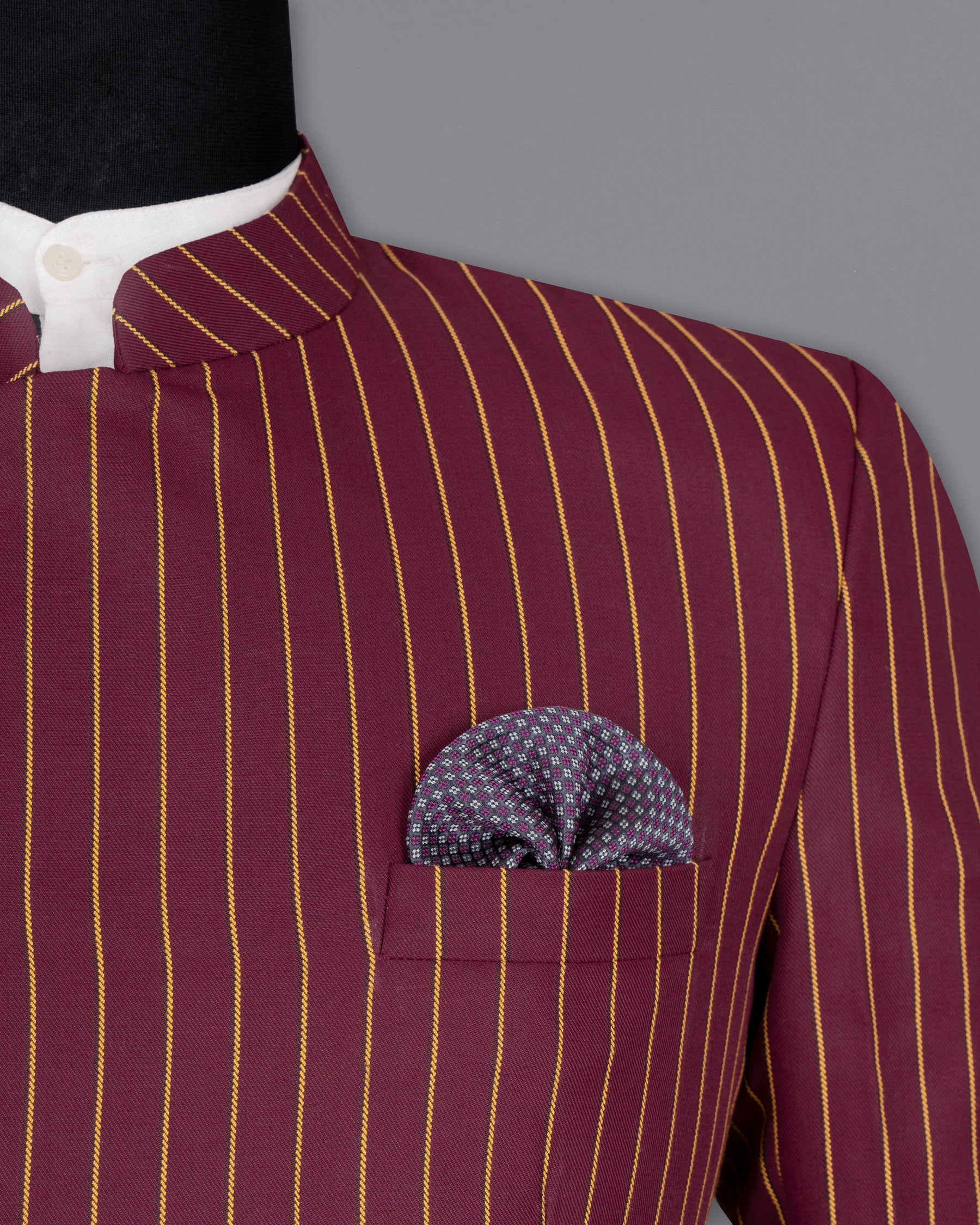 Paprika Maroon Striped Cross Button Wool Rich Bandhgala Blazer BL1517-CBG-36, BL1517-CBG-38, BL1517-CBG-40, BL1517-CBG-42, BL1517-CBG-44, BL1517-CBG-46, BL1517-CBG-48, BL1517-CBG-50, BL1517-CBG-52, BL1517-CBG-54, BL1517-CBG-56, BL1517-CBG-58, BL1517-CBG-60