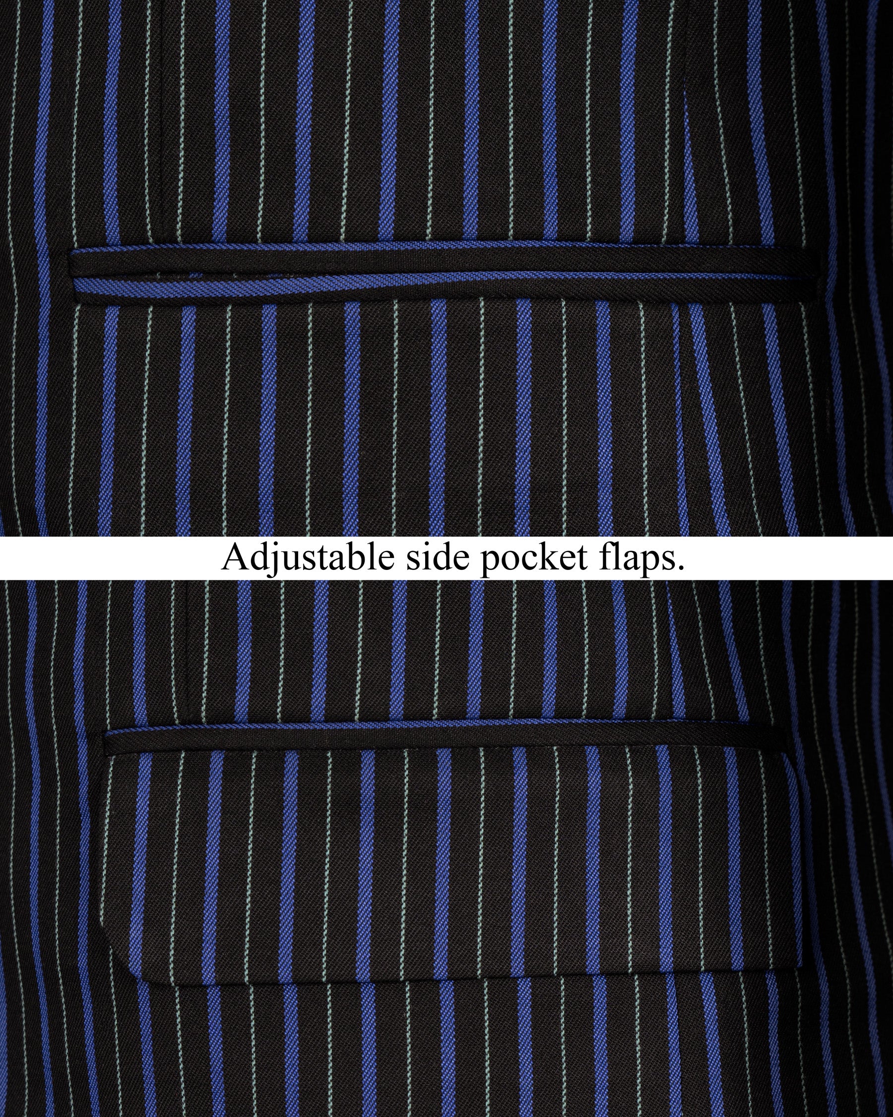 Jade Black and Mariner Blue Striped Woolrich Blazer BL1519-SB-36, BL1519-SB-38, BL1519-SB-40, BL1519-SB-42, BL1519-SB-44, BL1519-SB-46, BL1519-SB-48, BL1519-SB-50, BL1519-SB-52, BL1519-SB-54, BL1519-SB-56, BL1519-SB-58, BL1519-SB-60