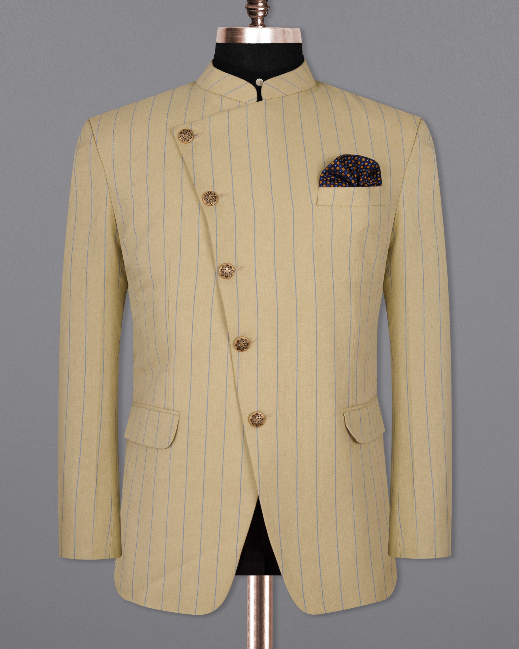 Pavlova Cream Striped Woolrich Cross Buttoned Bandhgala Blazer BL1523-CBG-36, BL1523-CBG-38, BL1523-CBG-40, BL1523-CBG-42, BL1523-CBG-44, BL1523-CBG-46, BL1523-CBG-48, BL1523-CBG-50, BL1523-CBG-52, BL1523-CBG-54, BL1523-CBG-56, BL1523-CBG-58, BL1523-CBG-60