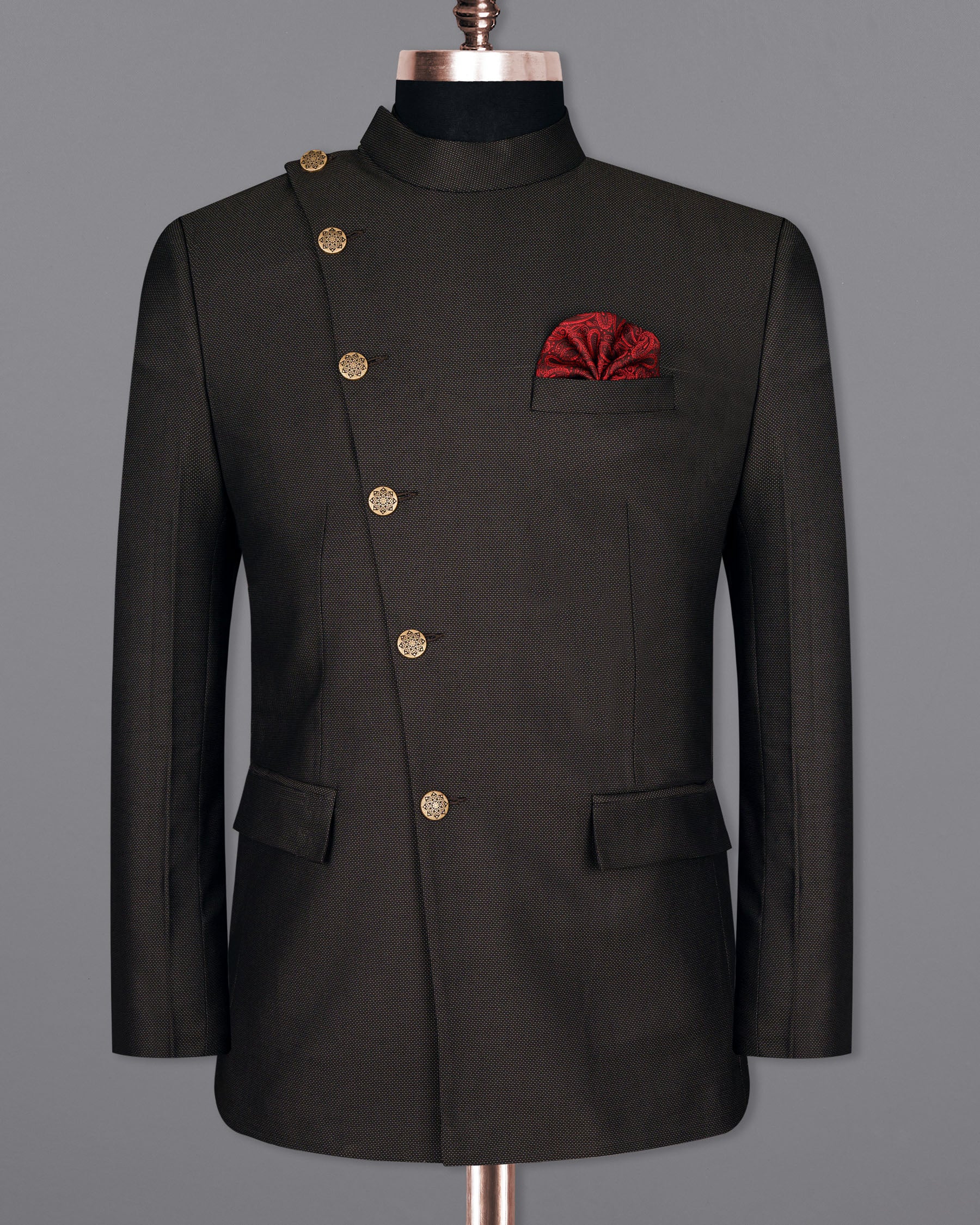 Blackish Brown Cross Buttoned Wool Rich Bandhgala Blazer BL1526-CBG2-36, BL1526-CBG2-38, BL1526-CBG2-40, BL1526-CBG2-42, BL1526-CBG2-44, BL1526-CBG2-46, BL1526-CBG2-48, BL1526-CBG2-50, BL1526-CBG2-52, BL1526-CBG2-54, BL1526-CBG2-56, BL1526-CBG2-58, BL1526-CBG2-60