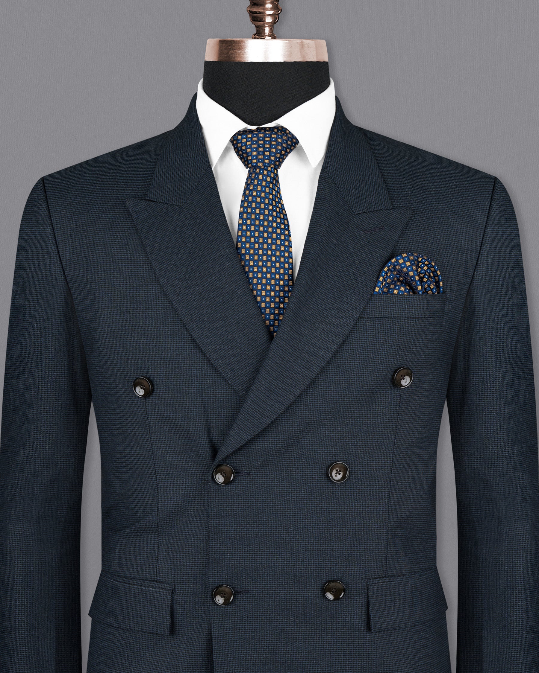 Ebony Clay Blue houndstooth Wool Rich Double Breasted BlazerBL1593-DB-36, BL1593-DB-38, BL1593-DB-40, BL1593-DB-42, BL1593-DB-44, BL1593-DB-46, BL1593-DB-48, BL1593-DB-50, BL1593-DB-52, BL1593-DB-54, BL1593-DB-56, BL1593-DB-58, BL1593-DB-60