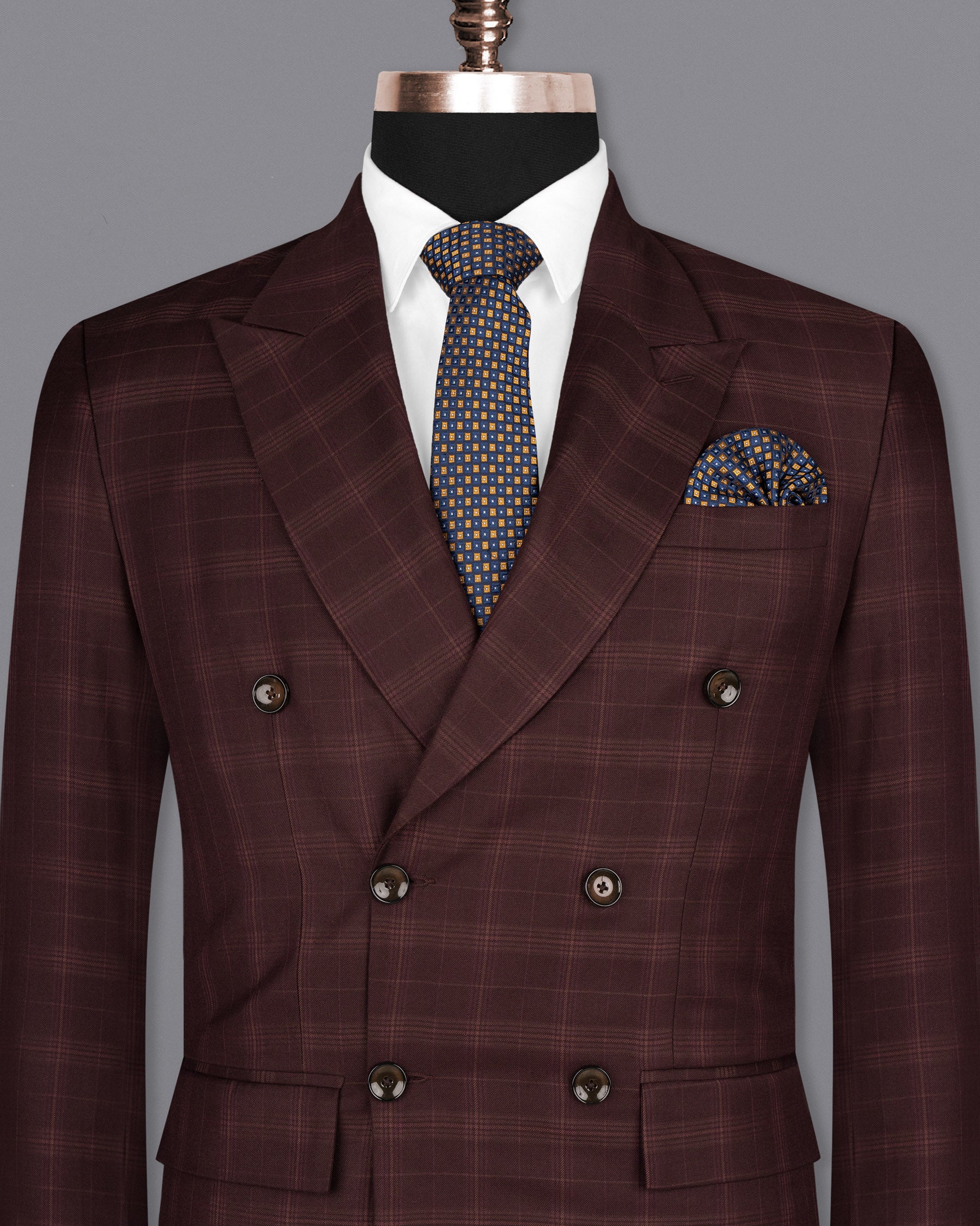 Crater Brown Super fine Plaid Double Breasted Wool Rich BlazerBL1607-DB-36, BL1607-DB-38, BL1607-DB-40, BL1607-DB-42, BL1607-DB-44, BL1607-DB-46, BL1607-DB-48, BL1607-DB-50, BL1607-DB-52, BL1607-DB-54, BL1607-DB-56, BL1607-DB-58, BL1607-DB-60