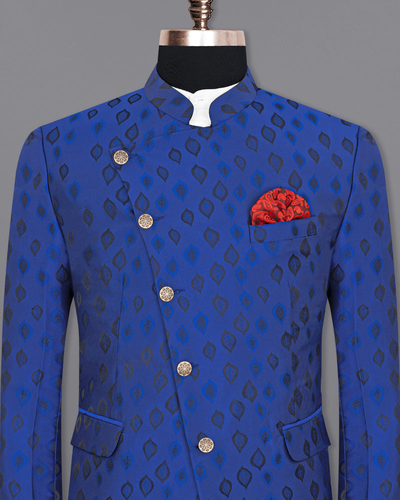 Royal Azure Blue Leaves Jacquard Textured Cross Buttoned Bandhgala Designer Blazer BL1678-CBG-36, BL1678-CBG-38, BL1678-CBG-40, BL1678-CBG-42, BL1678-CBG-44, BL1678-CBG-46, BL1678-CBG-48, BL1678-CBG-50, BL1678-CBG-52, BL1678-CBG-54, BL1678-CBG-56, BL1678-CBG-58, BL1678-CBG-60