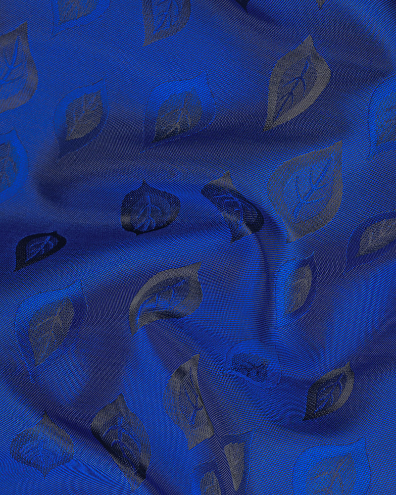 Royal Azure Blue Leaves Jacquard Textured Cross Buttoned Bandhgala Designer Blazer BL1678-CBG-36, BL1678-CBG-38, BL1678-CBG-40, BL1678-CBG-42, BL1678-CBG-44, BL1678-CBG-46, BL1678-CBG-48, BL1678-CBG-50, BL1678-CBG-52, BL1678-CBG-54, BL1678-CBG-56, BL1678-CBG-58, BL1678-CBG-60