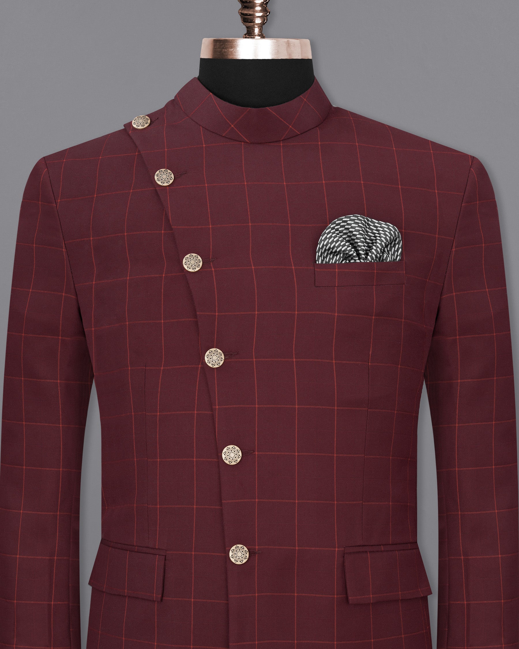 Maroon Oak Windowpane Cross Buttoned Bandhgala Windowpane Blazer BL1710-CBG2-36,BL1710-CBG2-38,BL1710-CBG2-40,BL1710-CBG2-42,BL1710-CBG2-44,BL1710-CBG2-46,BL1710-CBG2-48,BL1710-CBG2-50,BL1710-CBG2-52,BL1710-CBG2-54,BL1710-CBG2-56,BL1710-CBG2-58,BL1710-CBG2-60