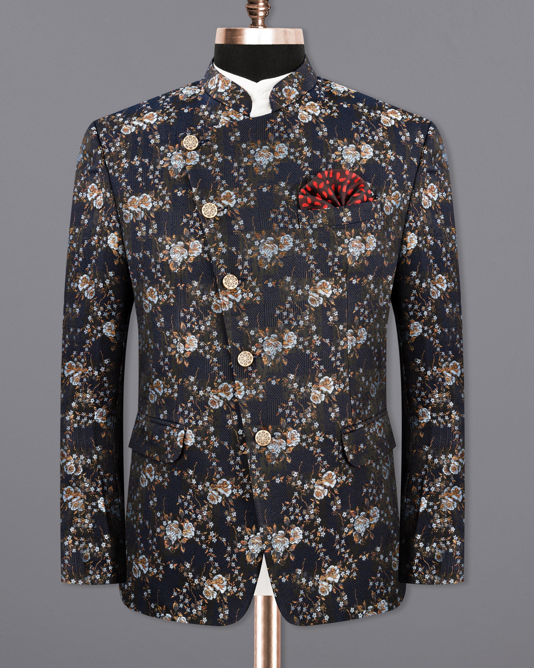 Storm Dust Floral Textured Cross Placket Bandhgala Designer Blazer