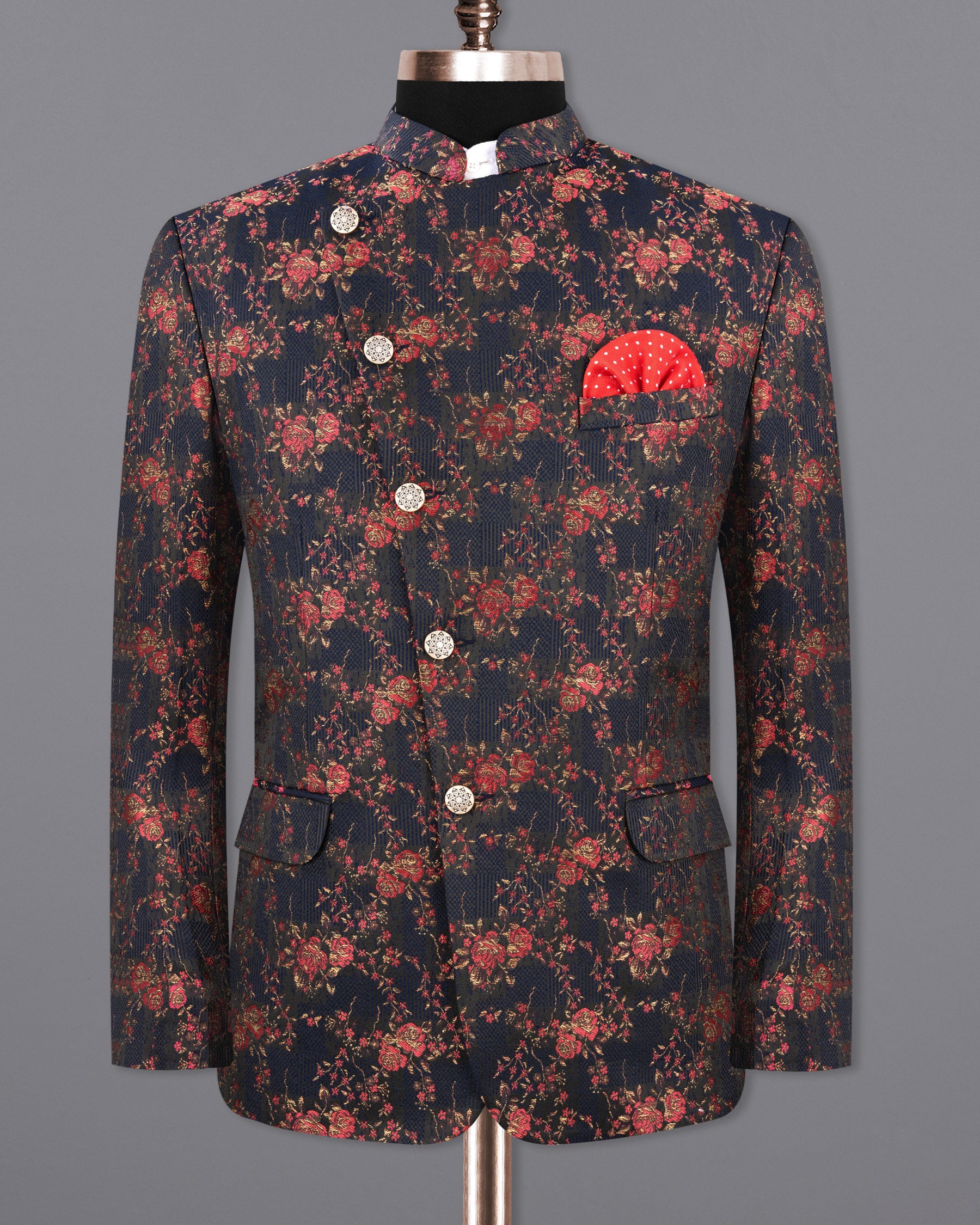 Rhino Blue with Rose Textured Cross Buttoned Bandhgala Designer Blazer BL1762-CBG-36,BL1762-CBG-38,BL1762-CBG-40,BL1762-CBG-42,BL1762-CBG-44,BL1762-CBG-46,BL1762-CBG-48,BL1762-CBG-50,BL1762-CBG-52,BL1762-CBG-54,BL1762-CBG-56,BL1762-CBG-58,BL1762-CBG-60