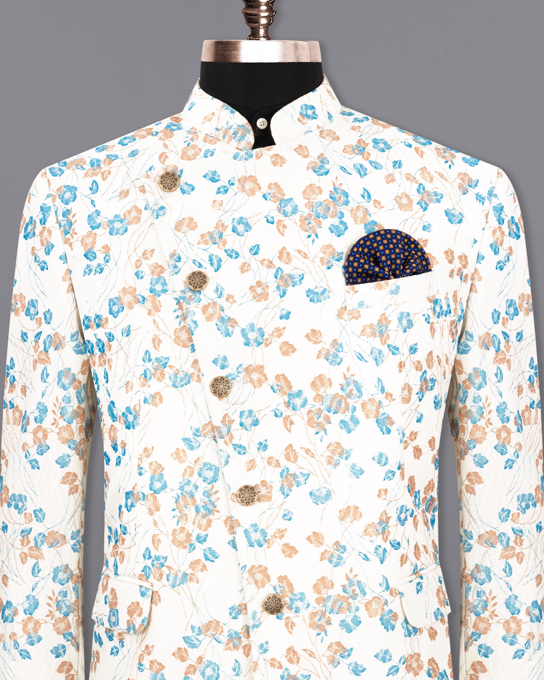 Bright White Floral and Leaves Textured Cross Buttoned Bandhgala Designer Blazer BL1764-CBG-36,BL1764-CBG-38,BL1764-CBG-40,BL1764-CBG-42,BL1764-CBG-44,BL1764-CBG-46,BL1764-CBG-48,BL1764-CBG-50,BL1764-CBG-52,BL1764-CBG-54,BL1764-CBG-56,BL1764-CBG-58,BL1764-CBG-60