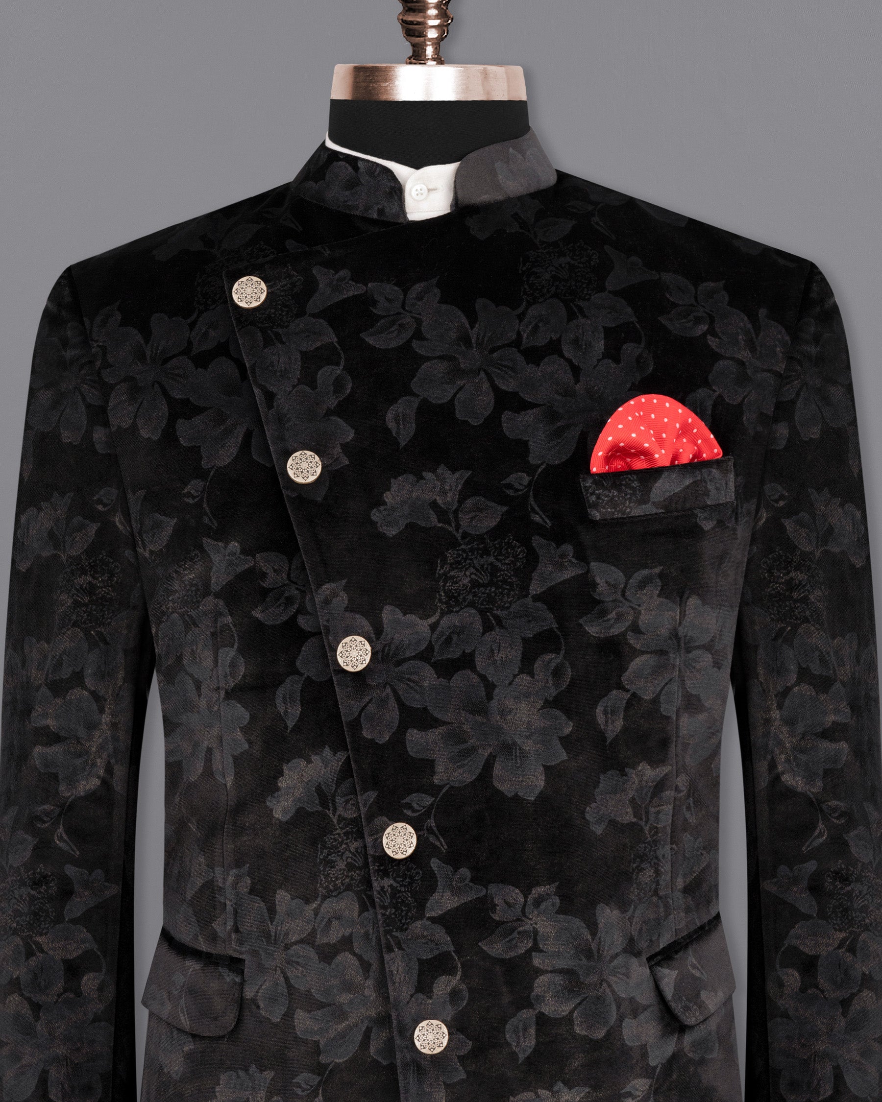 Jade Black Damask Inspired velvet Designed Cross-Buttoned Bandhgala Blazer BL1804-CBG-36,BL1804-CBG-38,BL1804-CBG-40,BL1804-CBG2-42,BL1804-CBG-44,BL1804-CBG-46,BL1804-CBG-48,BL1804-CBG-50,BL1804-CBG-52,BL1804-CBG-54,BL1804-CBG-56,BL1804-CBG-58,BL1804-CBG-60