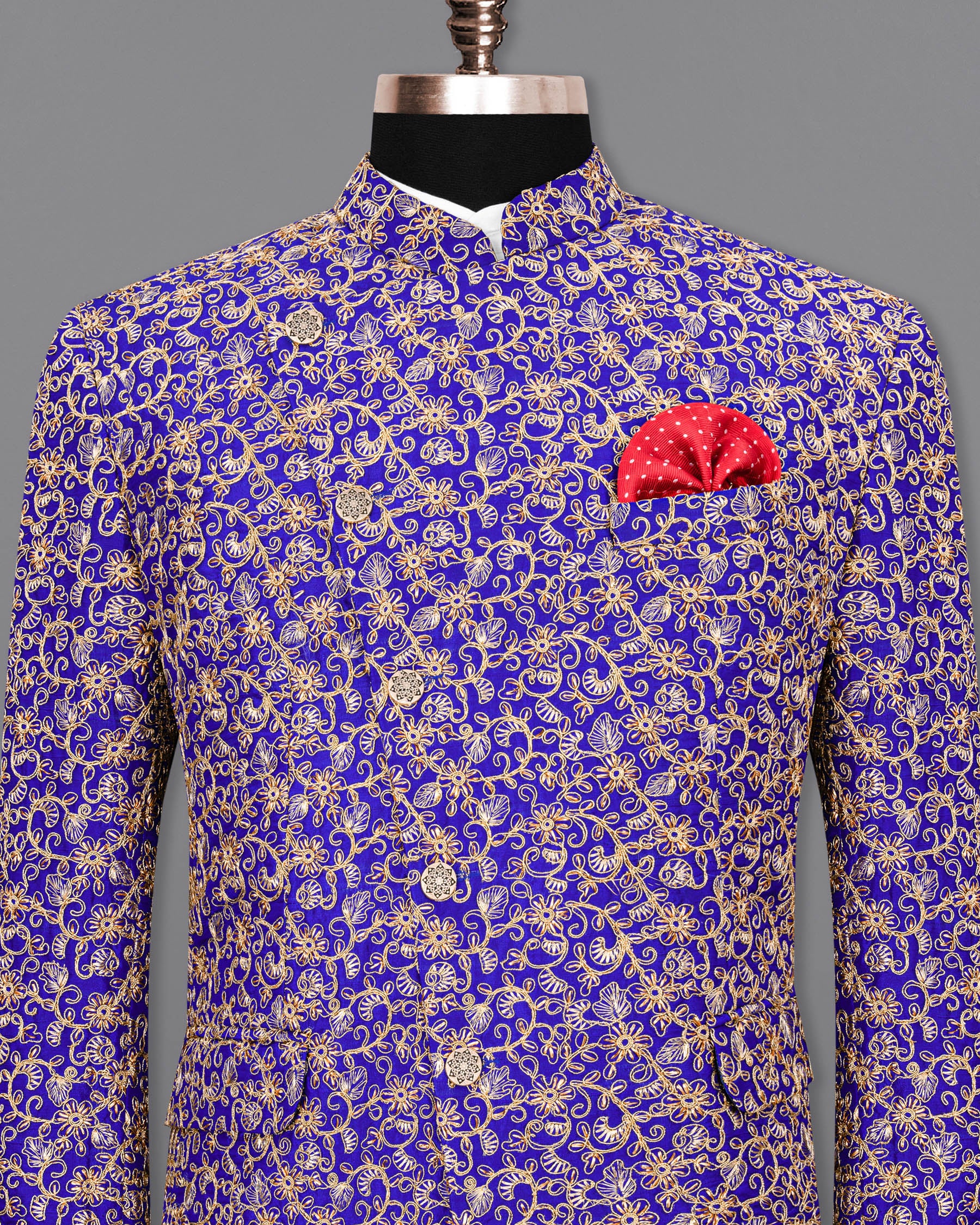 Sapphire Blue and Fawn Embroidery Cross-Buttoned Bandhgala Designer Blazer BL1813-CBG-36,BL1813-CBG-38,BL1813-CBG-40,BL1813-CBG2-42,BL1813-CBG-44,BL1813-CBG-46,BL1813-CBG-48,BL1813-CBG-50,BL1813-CBG-52,BL1813-CBG-54,BL1813-CBG-56,BL1813-CBG-58,BL1813-CBG-60