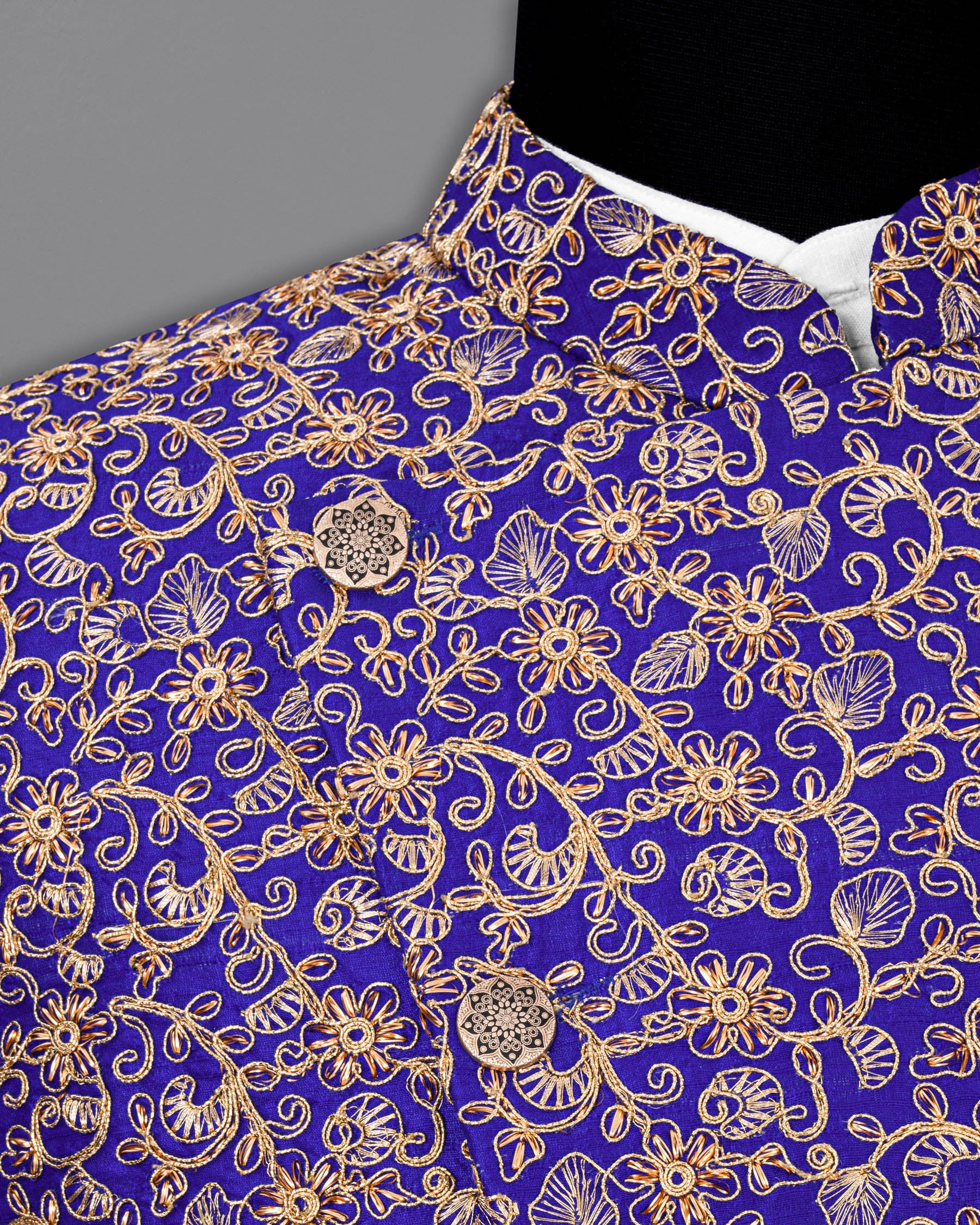 Sapphire Blue and Fawn Embroidery Cross-Buttoned Bandhgala Designer Blazer BL1813-CBG-36,BL1813-CBG-38,BL1813-CBG-40,BL1813-CBG2-42,BL1813-CBG-44,BL1813-CBG-46,BL1813-CBG-48,BL1813-CBG-50,BL1813-CBG-52,BL1813-CBG-54,BL1813-CBG-56,BL1813-CBG-58,BL1813-CBG-60