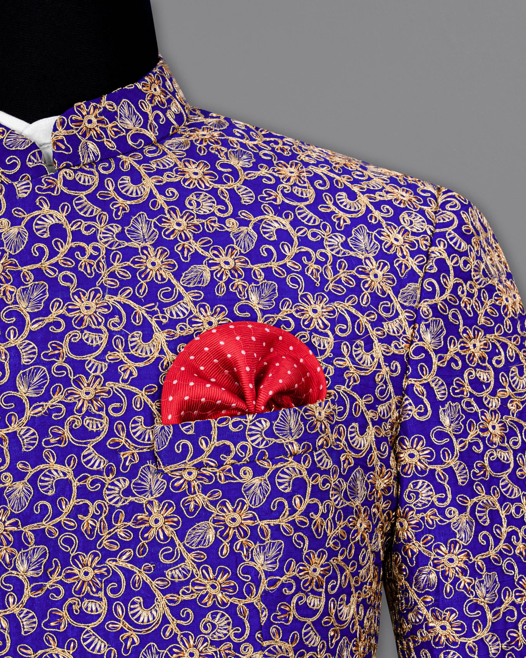Sapphire Blue and Fawn Embroidery Cross-Buttoned Bandhgala Designer Blazer BL1813-CBG-36,BL1813-CBG-38,BL1813-CBG-40,BL1813-CBG2-42,BL1813-CBG-44,BL1813-CBG-46,BL1813-CBG-48,BL1813-CBG-50,BL1813-CBG-52,BL1813-CBG-54,BL1813-CBG-56,BL1813-CBG-58,BL1813-CBG-60