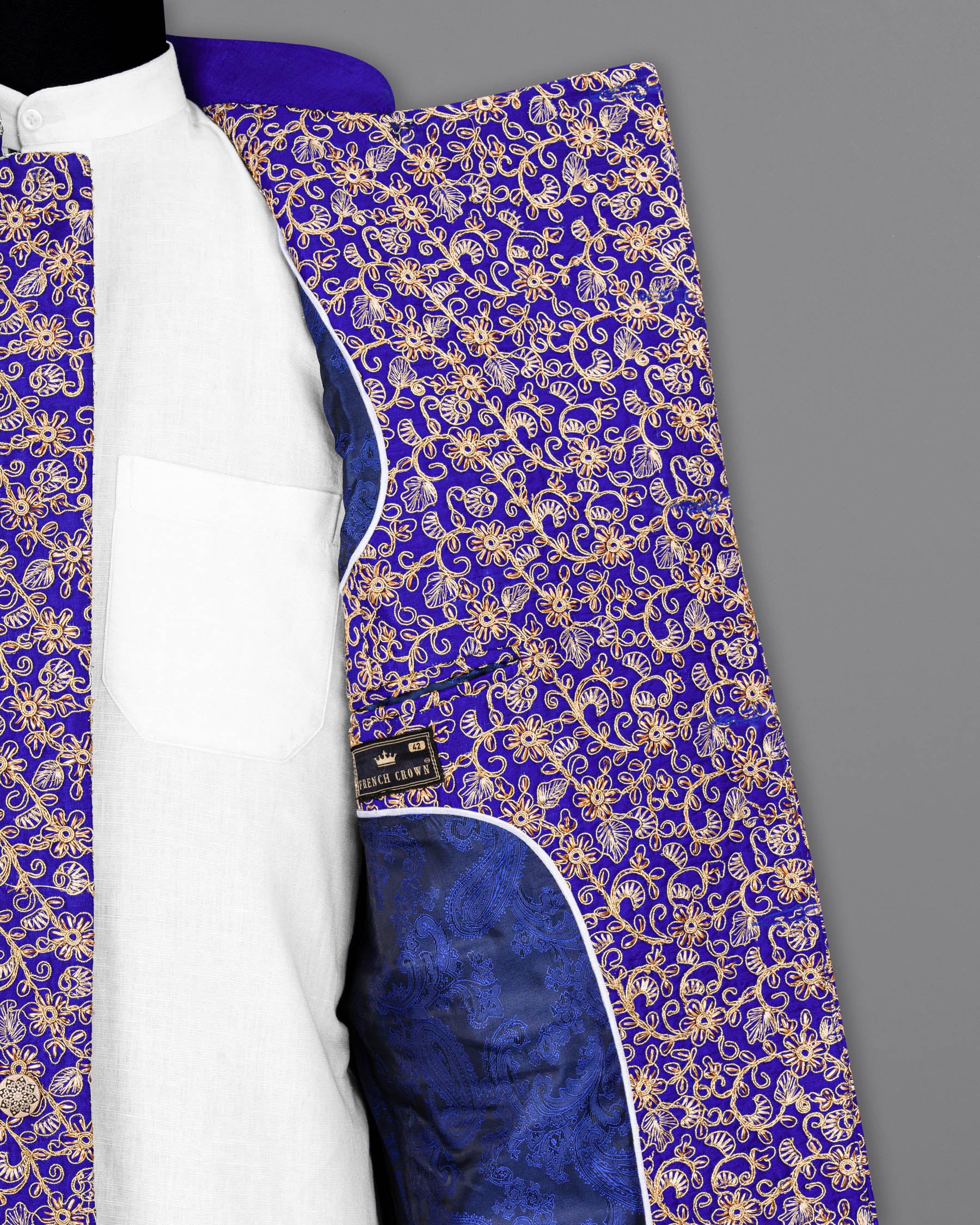 Sapphire Blue and Fawn Embroidery Cross-Buttoned Bandhgala Designer Blazer BL1813-CBG-36,BL1813-CBG-38,BL1813-CBG-40,BL1813-CBG2-42,BL1813-CBG-44,BL1813-CBG-46,BL1813-CBG-48,BL1813-CBG-50,BL1813-CBG-52,BL1813-CBG-54,BL1813-CBG-56,BL1813-CBG-58,BL1813-CBG-60