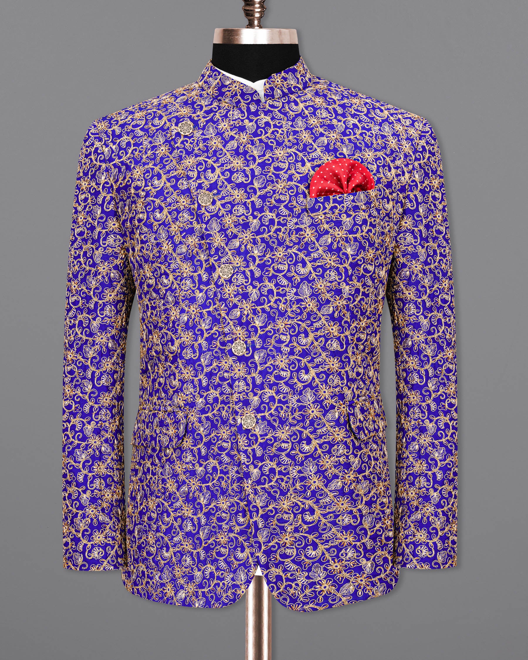Sapphire Blue and Fawn Embroidery Cross-Buttoned Bandhgala Designer Blazer BL1813-CBG-36,BL1813-CBG-38,BL1813-CBG-40,BL1813-CBG2-42,BL1813-CBG-44,BL1813-CBG-46,BL1813-CBG-48,BL1813-CBG-50,BL1813-CBG-52,BL1813-CBG-54,BL1813-CBG-56,BL1813-CBG-58,BL1813-CBG-60