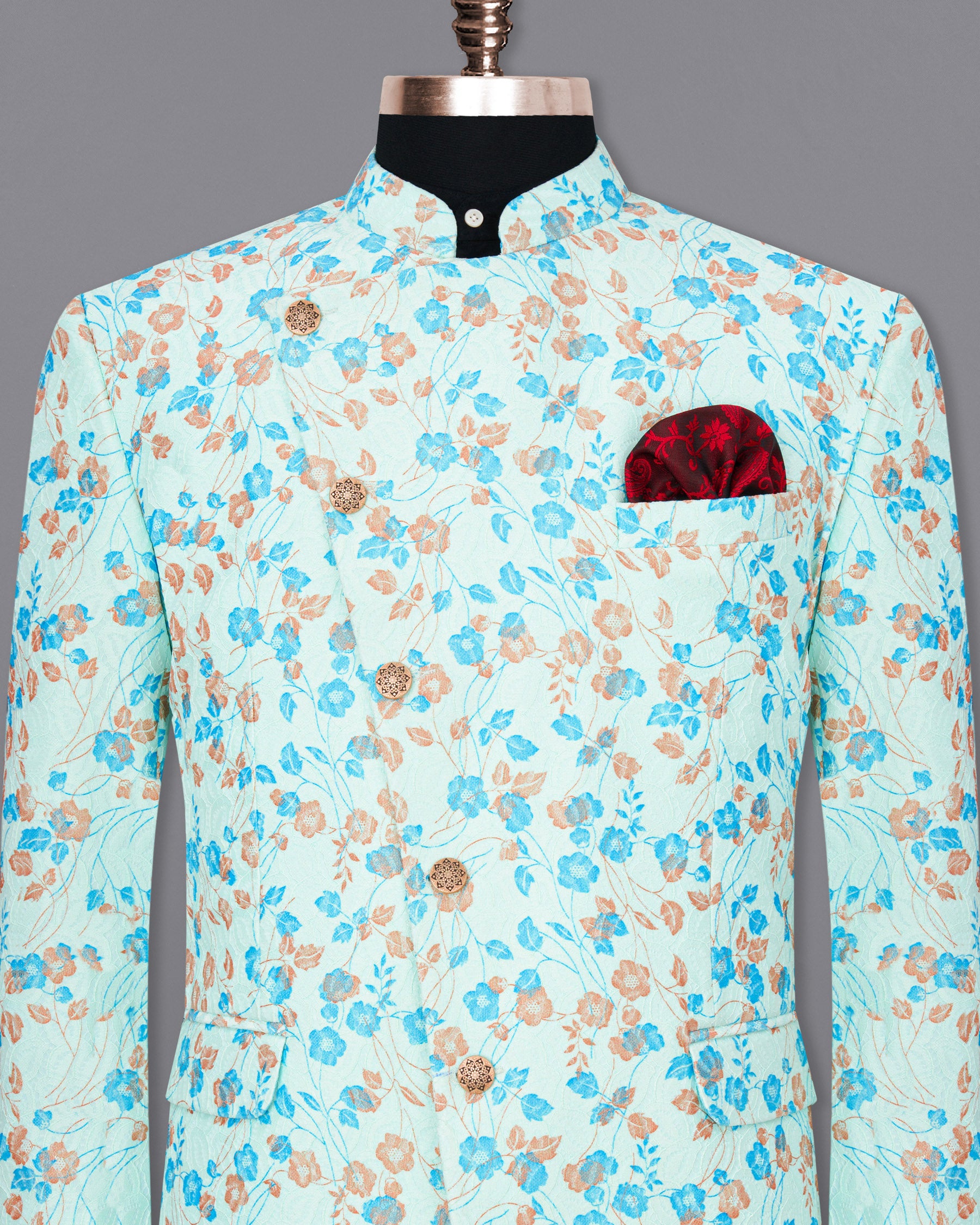 Mint Tulip and Tiffany Blue Floral Printed Cross-Button Bandhgala Designer Blazer BL1818-CBG-36,BL1818-CBG-38,BL1818-CBG-40,BL1818-CBG-42,BL1818-CBG-44,BL1818-CBG-46,BL1818-CBG-48,BL1818-CBG-50,BL1818-CBG-52,BL1818-CBG-54,BL1818-CBG-56,BL1818-CBG-58,BL1818-CBG-60