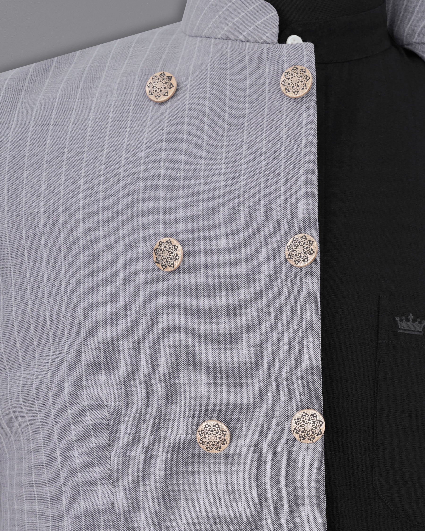 Mobster Grey Striped Cross Buttoned Bandhgala Designer Blazers BL1905-CBG-D44-36,BL1905-CBG-D44-38,BL1905-CBG-D44-40,BL1905-CBG-D44-42,BL1905-CBG-D44-44,BL1905-CBG-D44-46,BL1905-CBG-D44-48,BL1905-CBG-D44-50,BL1905-CBG-D44-52,BL1905-CBG-D44-54,BL1905-CBG-D44-56,BL1905-CBG-D44-58,BL1905-CBG-D44-60