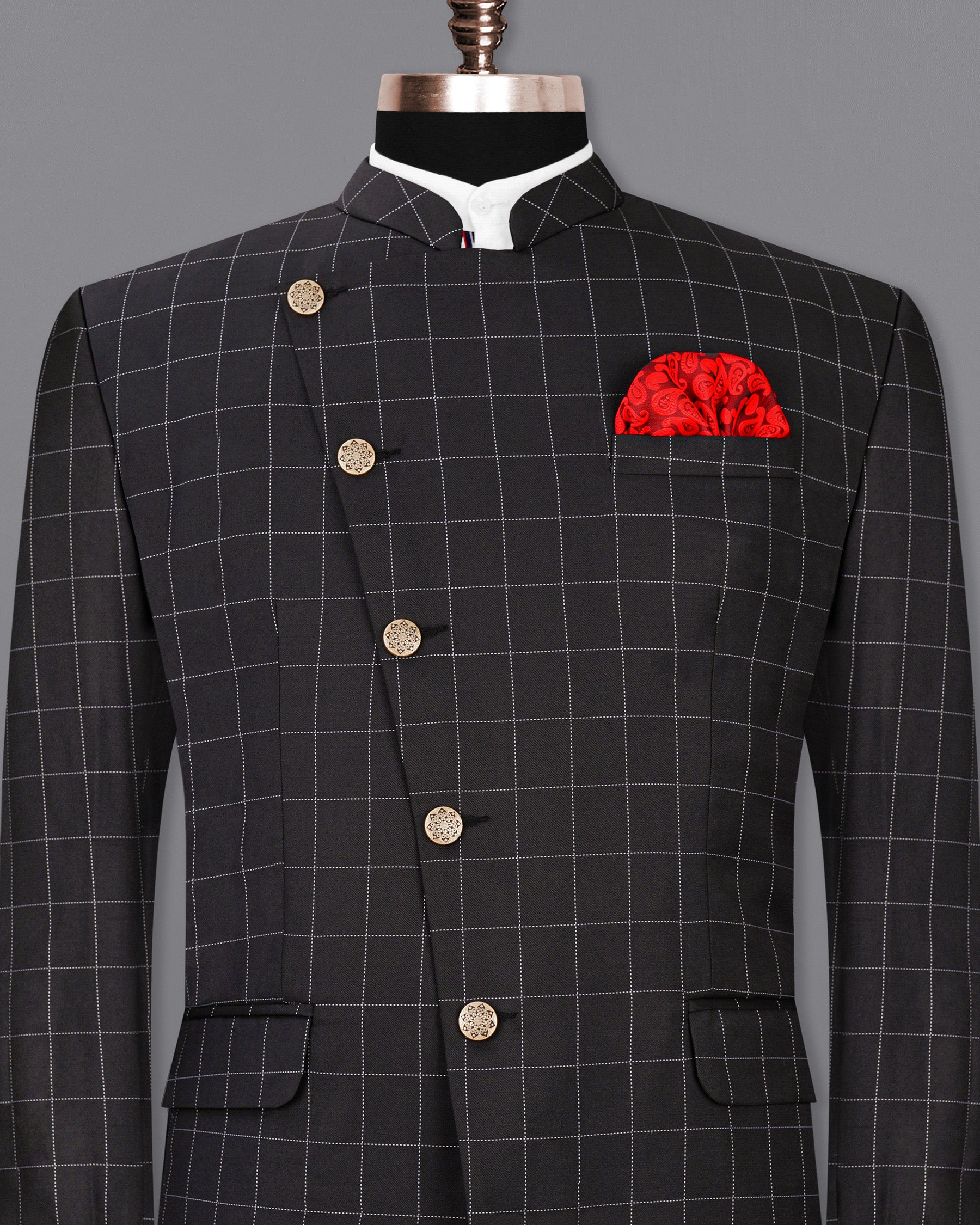 Jade Black windowpane Cross Buttoned Bandhgala Blazer BL1952-CBG-36, BL1952-CBG-38, BL1952-CBG-40, BL1952-CBG-42, BL1952-CBG-44, BL1952-CBG-46, BL1952-CBG-48, BL1952-CBG-50, BL1952-