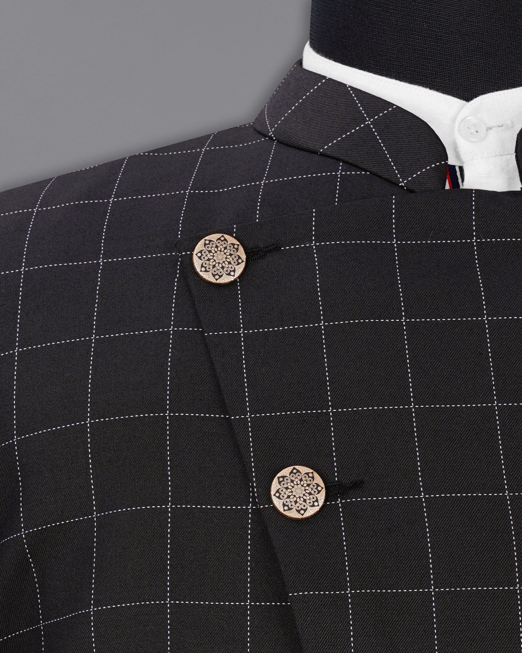 Jade Black windowpane Cross Buttoned Bandhgala Blazer BL1952-CBG-36, BL1952-CBG-38, BL1952-CBG-40, BL1952-CBG-42, BL1952-CBG-44, BL1952-CBG-46, BL1952-CBG-48, BL1952-CBG-50, BL1952-