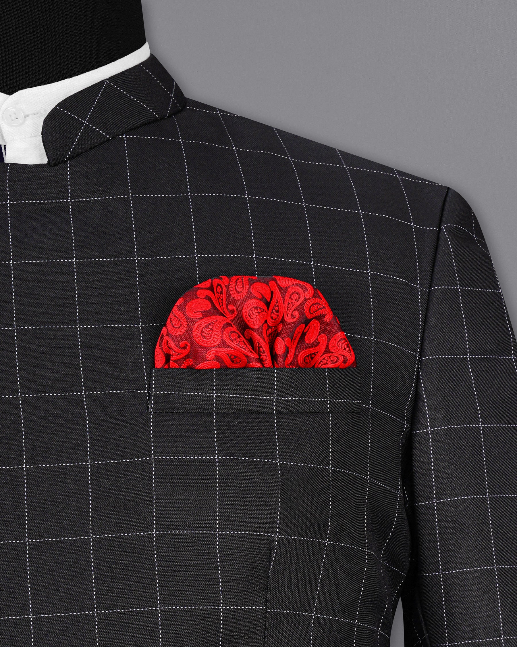 Jade Black windowpane Cross Buttoned Bandhgala Blazer BL1952-CBG-36, BL1952-CBG-38, BL1952-CBG-40, BL1952-CBG-42, BL1952-CBG-44, BL1952-CBG-46, BL1952-CBG-48, BL1952-CBG-50, BL1952-