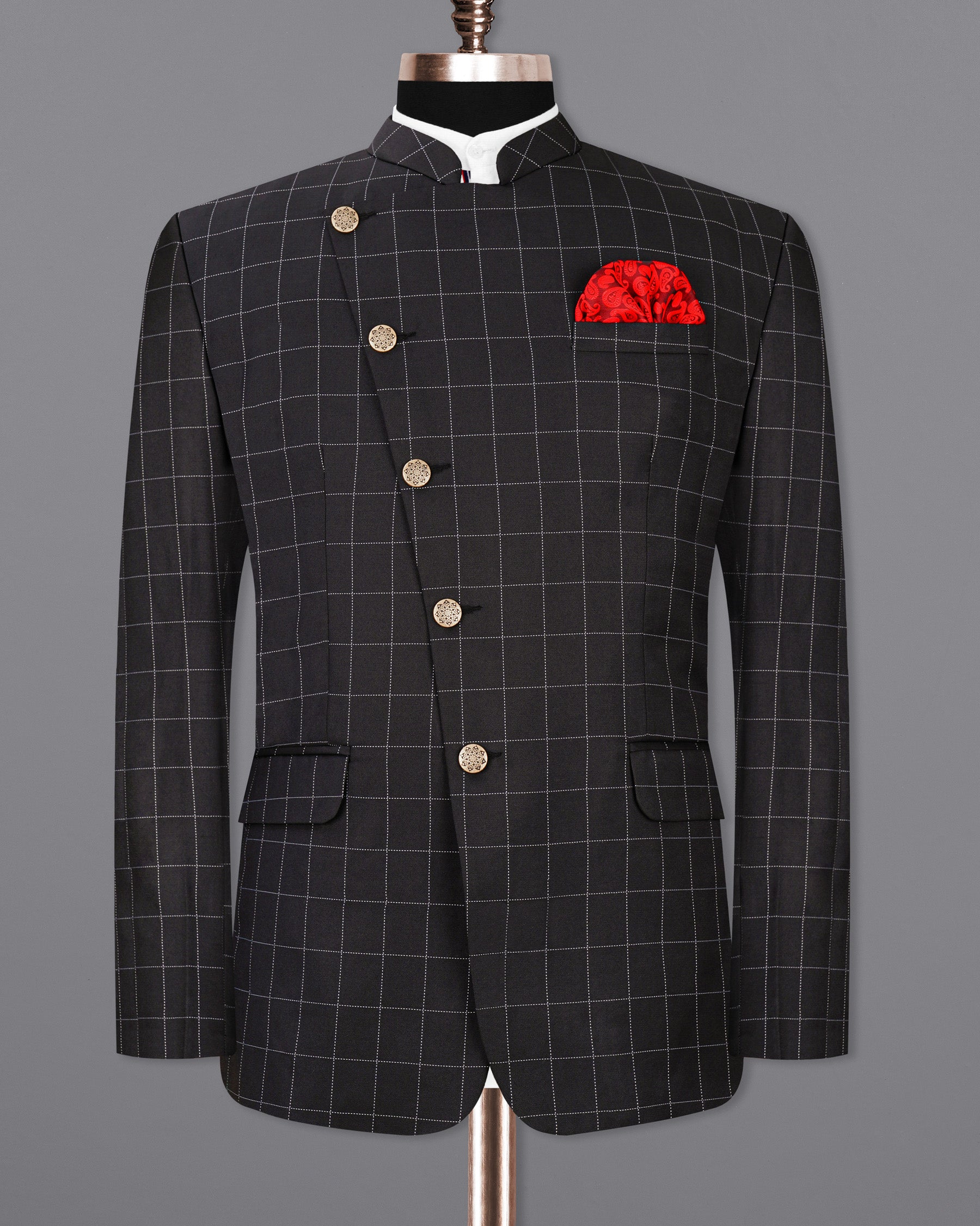Jade Black windowpane Cross Buttoned Bandhgala Blazer BL1952-CBG-36, BL1952-CBG-38, BL1952-CBG-40, BL1952-CBG-42, BL1952-CBG-44, BL1952-CBG-46, BL1952-CBG-48, BL1952-CBG-50, BL1952-