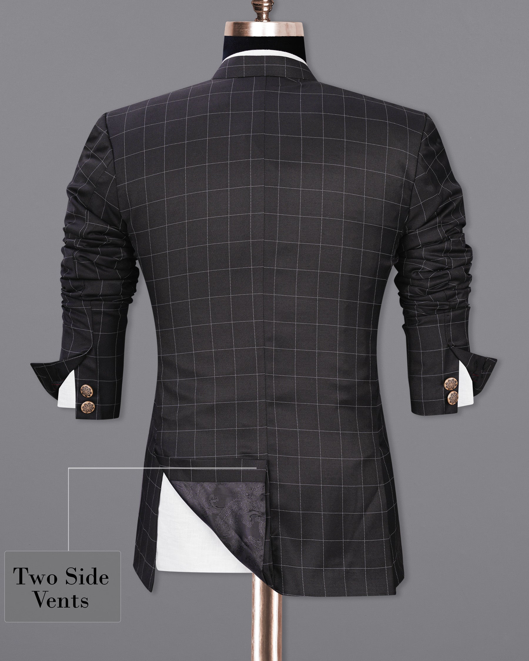 Jade Black windowpane Cross Buttoned Bandhgala Blazer BL1952-CBG-36, BL1952-CBG-38, BL1952-CBG-40, BL1952-CBG-42, BL1952-CBG-44, BL1952-CBG-46, BL1952-CBG-48, BL1952-CBG-50, BL1952-