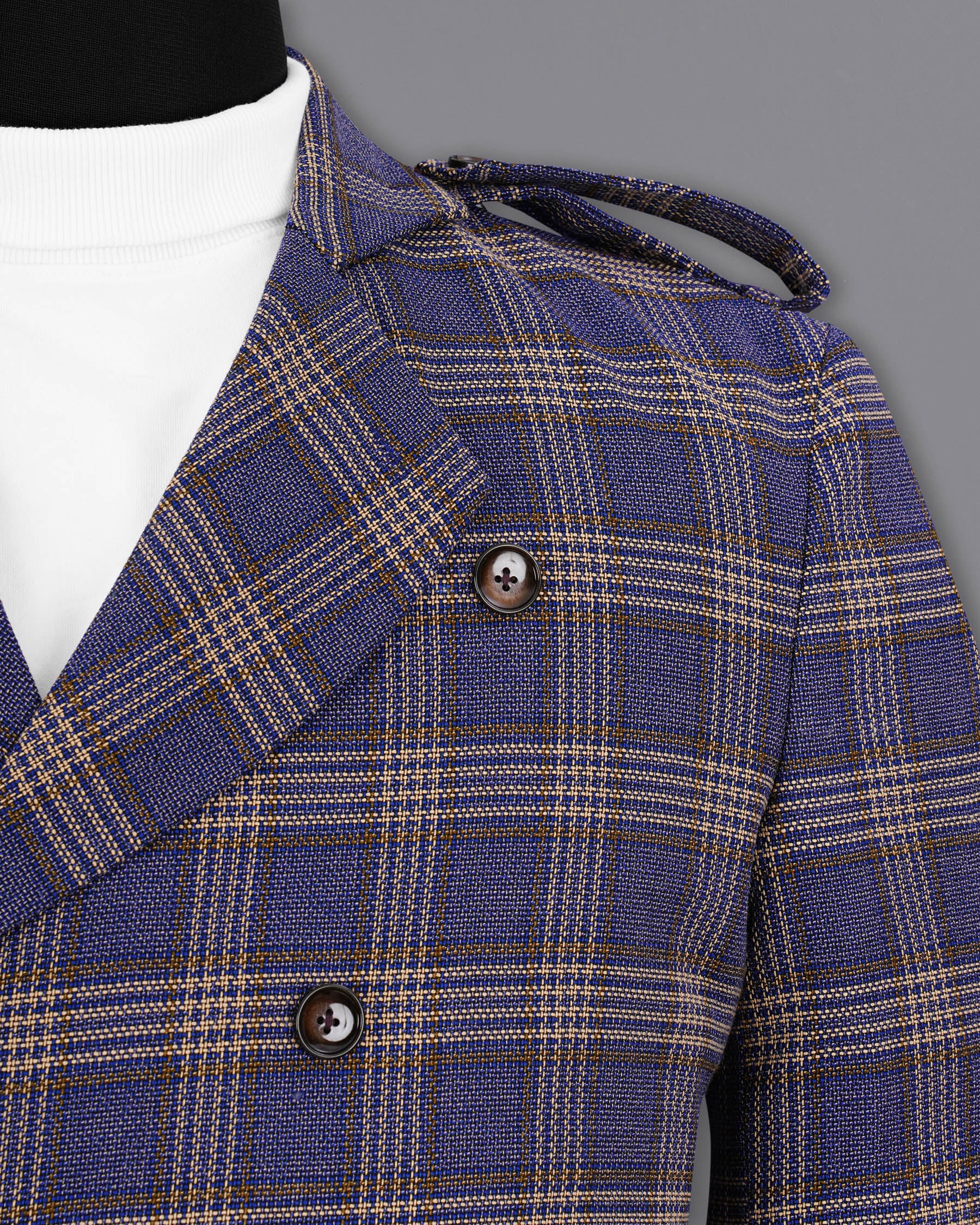 Meteorite Navy Blue with Tide Brown Plaid Double Breasted Designer Blazer BL1969-DB-D42-36, BL1969-DB-D42-38, BL1969-DB-D42-40, BL1969-DB-D42-42, BL1969-DB-D42-44, BL1969-DB-D42-46, BL1969-DB-D42-48, BL1969-DB-D42-50, BL1969-DB-D42-52, BL1969-DB-D42-54, BL1969-DB-D42-56, BL1969-DB-D42-58, BL1969-DB-D42-60