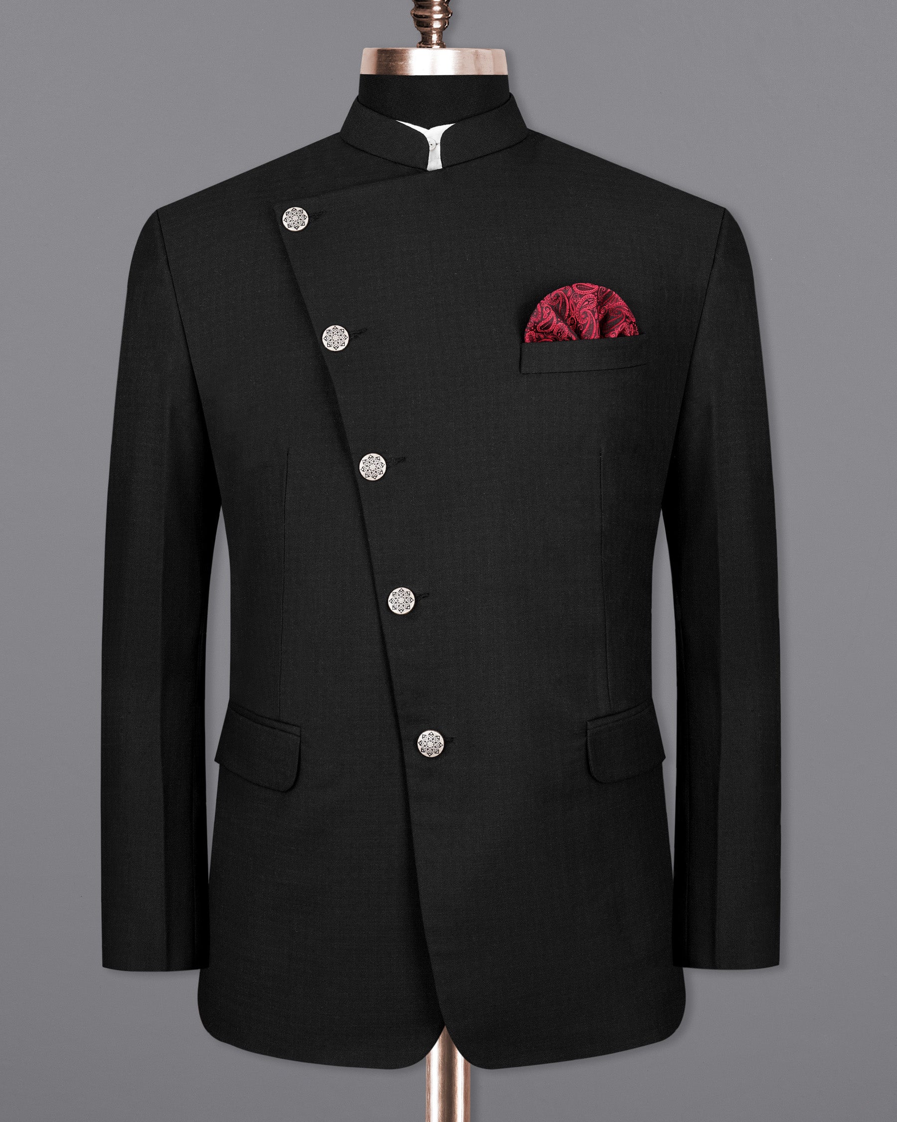 Jade Black Cross Buttoned Bandhgala Blazer BL2023-CBG-36, BL2023-CBG-38, BL2023-CBG-40, BL2023-CBG-42, BL2023-CBG-44, BL2023-CBG-46, BL2023-CBG-48, BL2023-CBG-50, BL2023-CBG-52, BL2023-CBG-54, BL2023-CBG-56, BL2023-CBG-58, BL2023-CBG-60