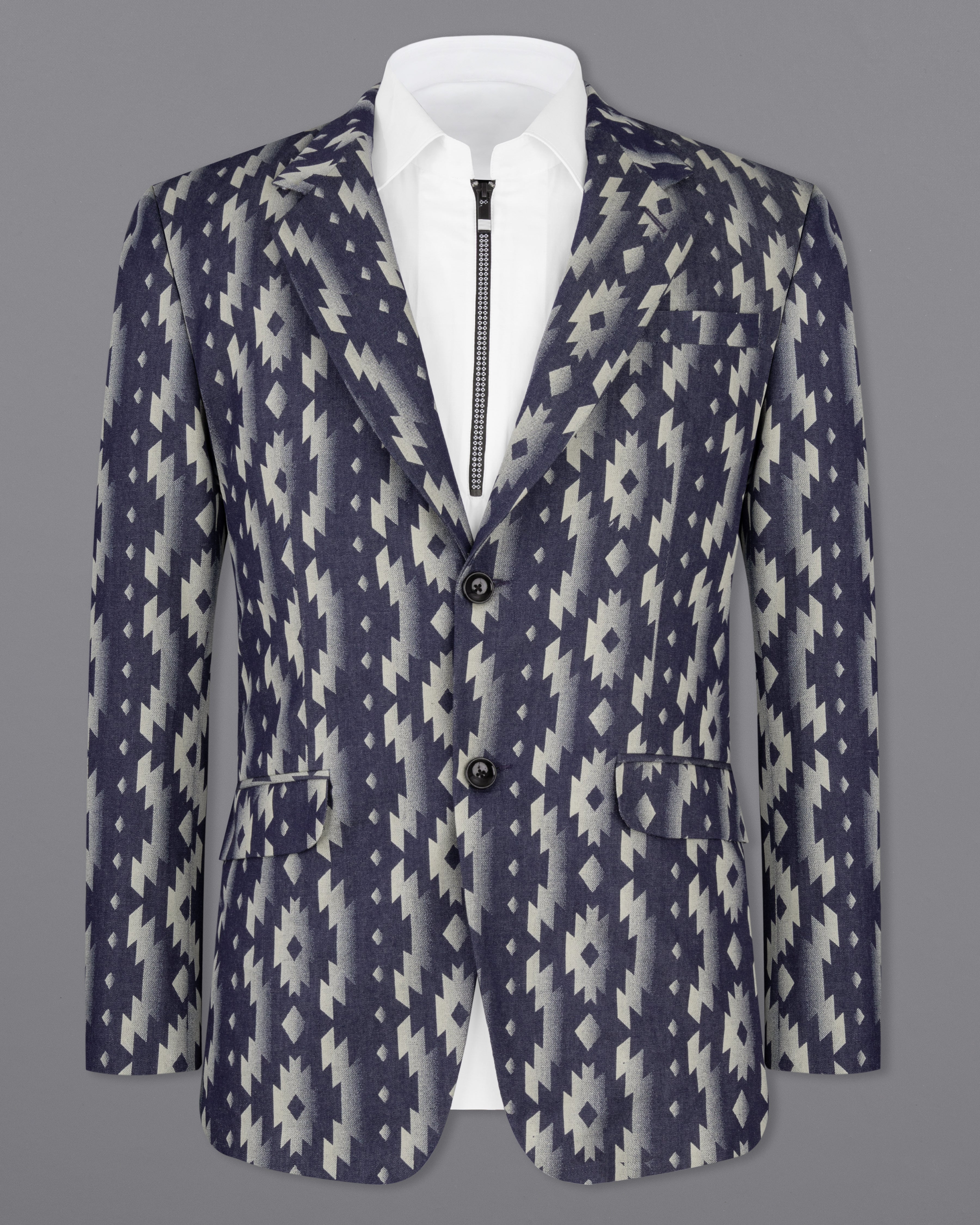 Gunmetal Blue with Nobel Cream Iktat Printed Denim Designer Premium Cotton Blazer