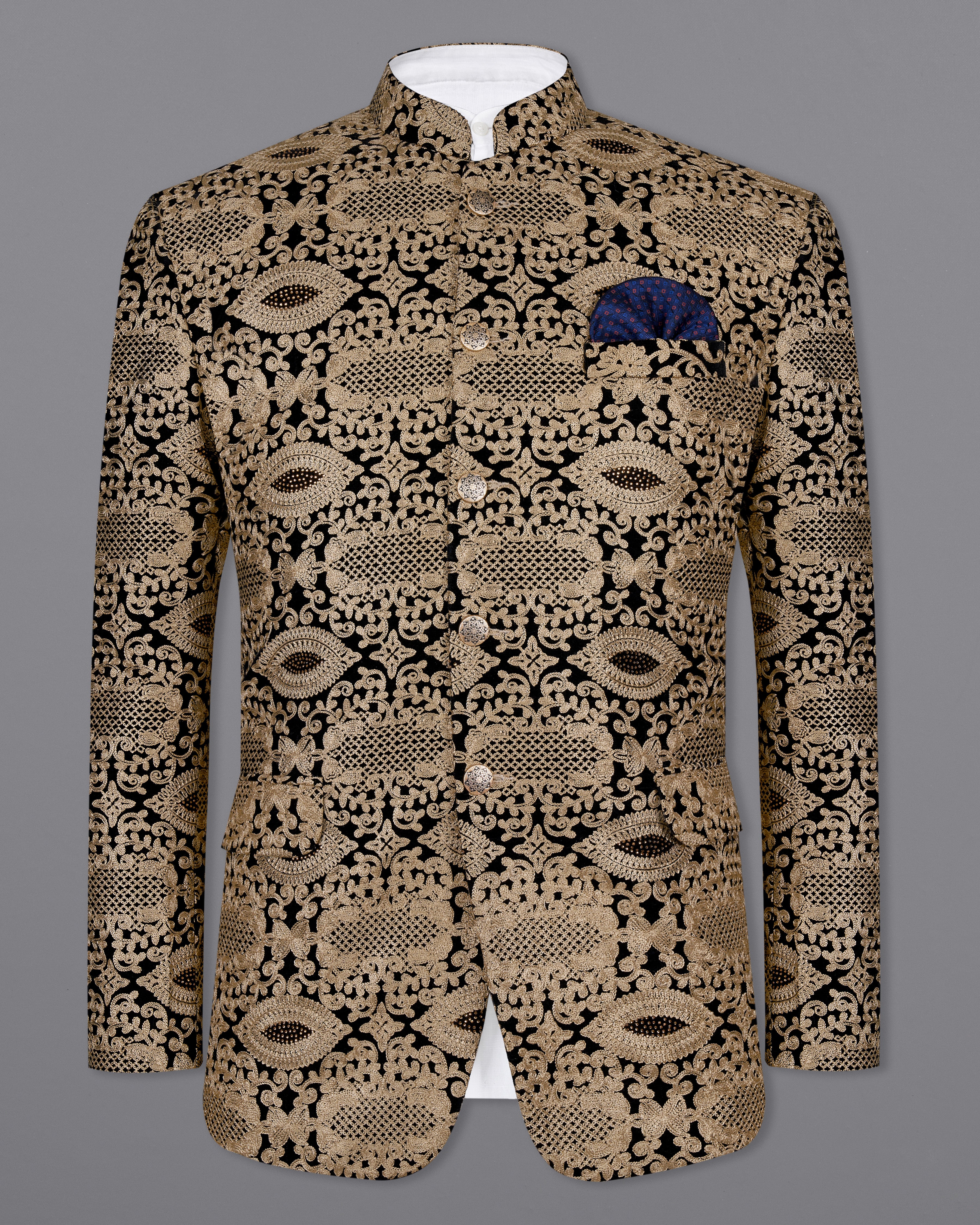 Beaver Brown with Jade Black Diamond Work with Cotton Thread Heavy Embroidered Bandhgala Designer Indo-Western Blazer