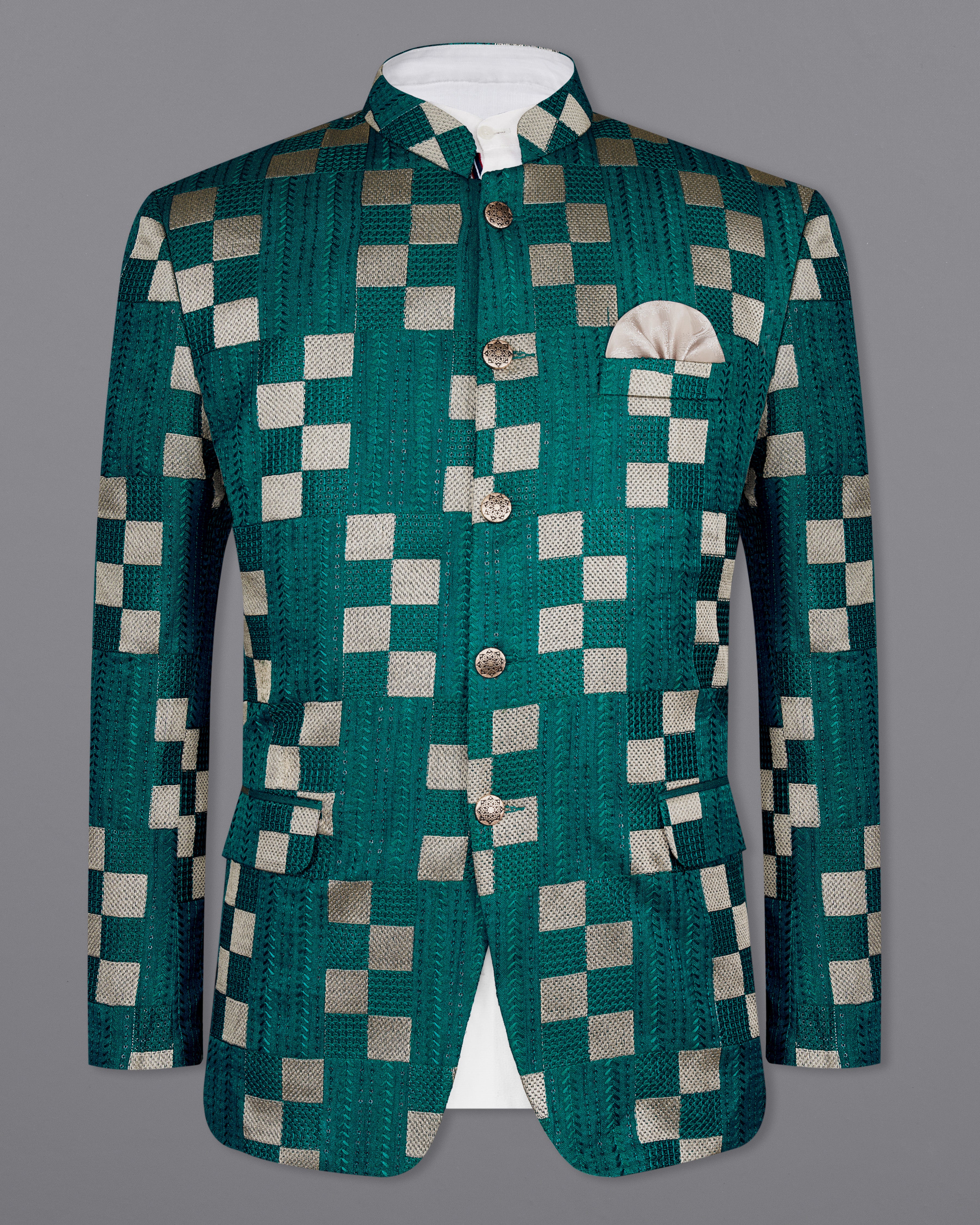 Dark Teal Green with Periglacial Cream Square Cotton Thread Heavy Embroidered Bandhgala Designer Indo-Western Blazer