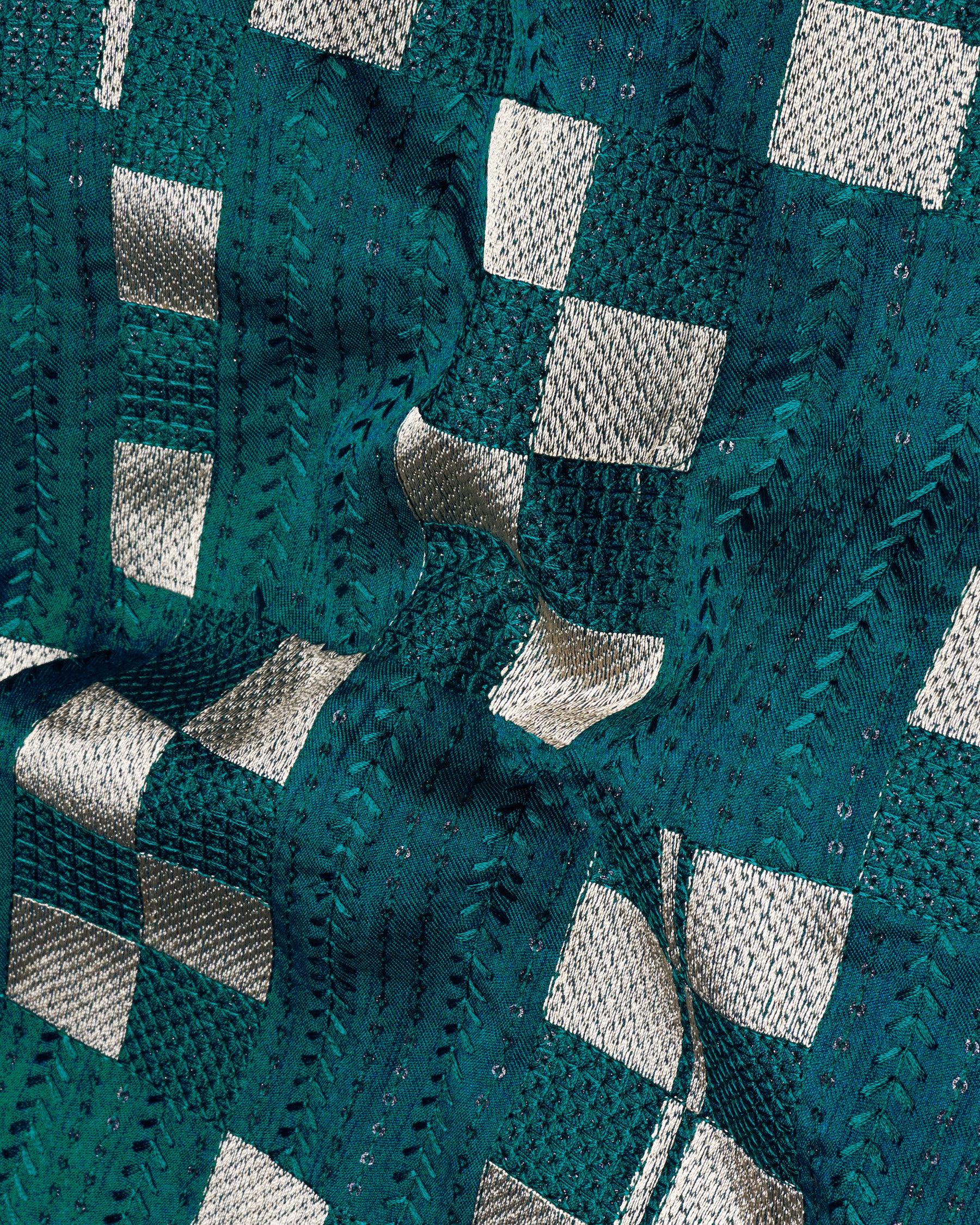 Dark Teal Green with Periglacial Cream Square Cotton Thread Heavy Embroidered Bandhgala Designer Indo-Western Blazer