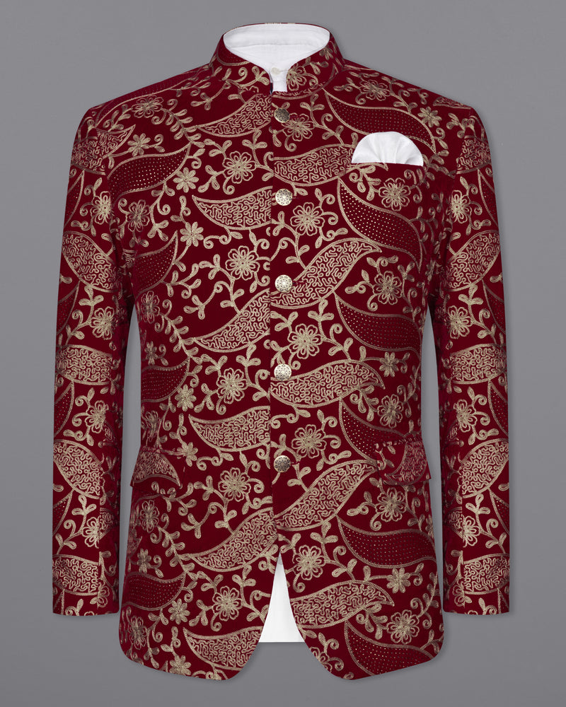Scarlet Red with Beaver Brown Diamond Work with Cotton Thread Heavy Embroidered Bandhgala Designer Indo-Western Blazer