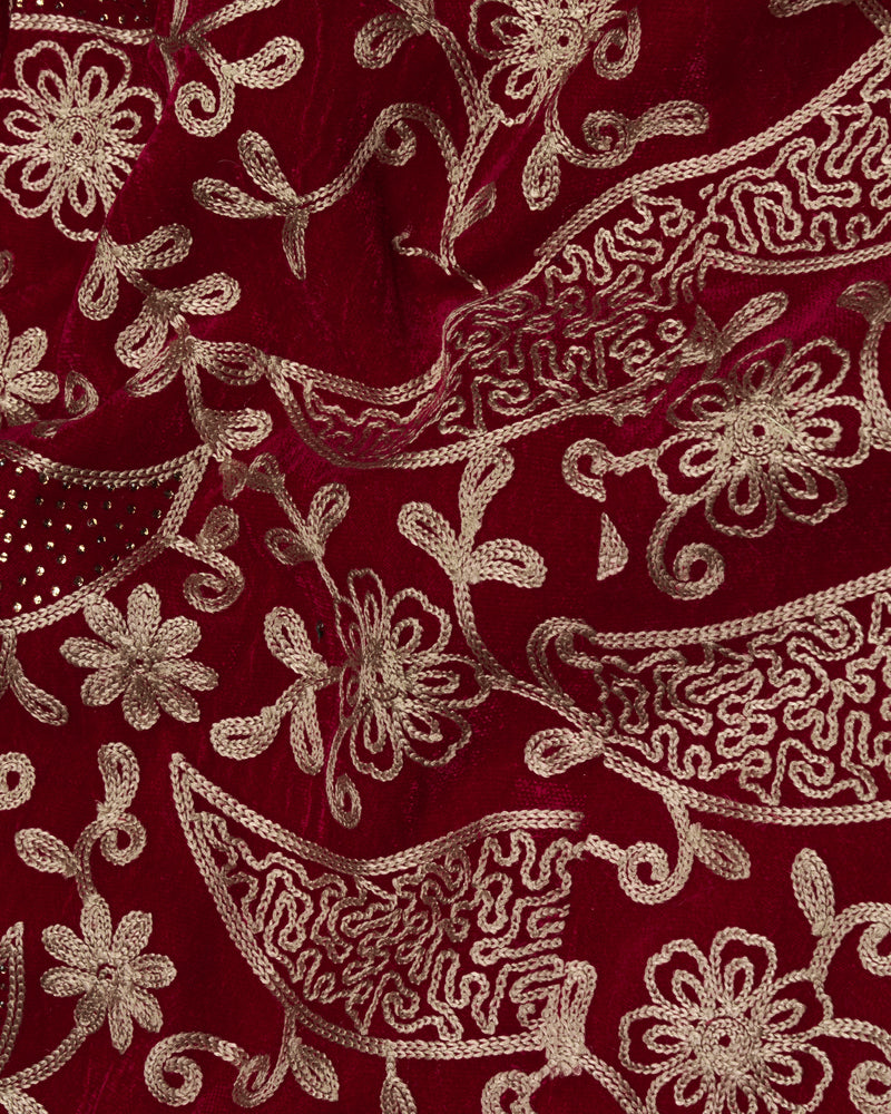 Scarlet Red with Beaver Brown Diamond Work with Cotton Thread Heavy Embroidered Bandhgala Designer Indo-Western Blazer